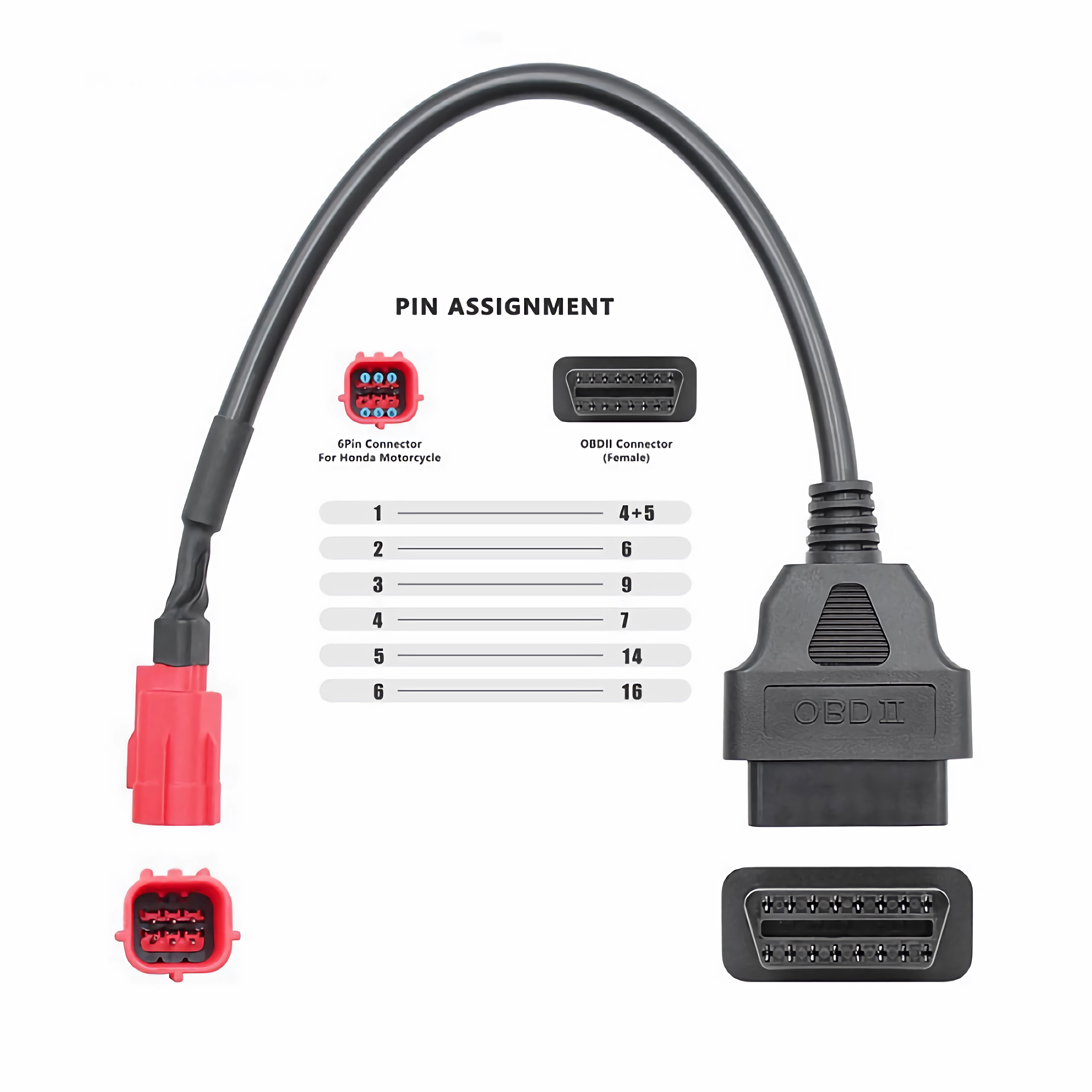 Schwarz-rotes OBDII-Diagnosekabel mit Steckern und einem Pinbelegungsdiagramm.
