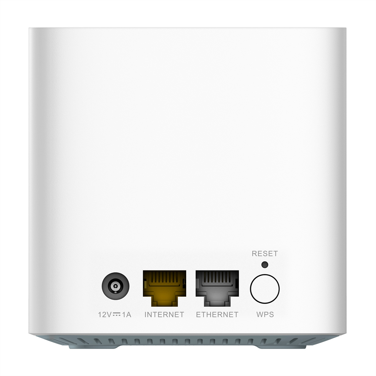 Weißer Router mit Anschlüssen und Reset-Taste. Der Hintergrund ist weiß.
