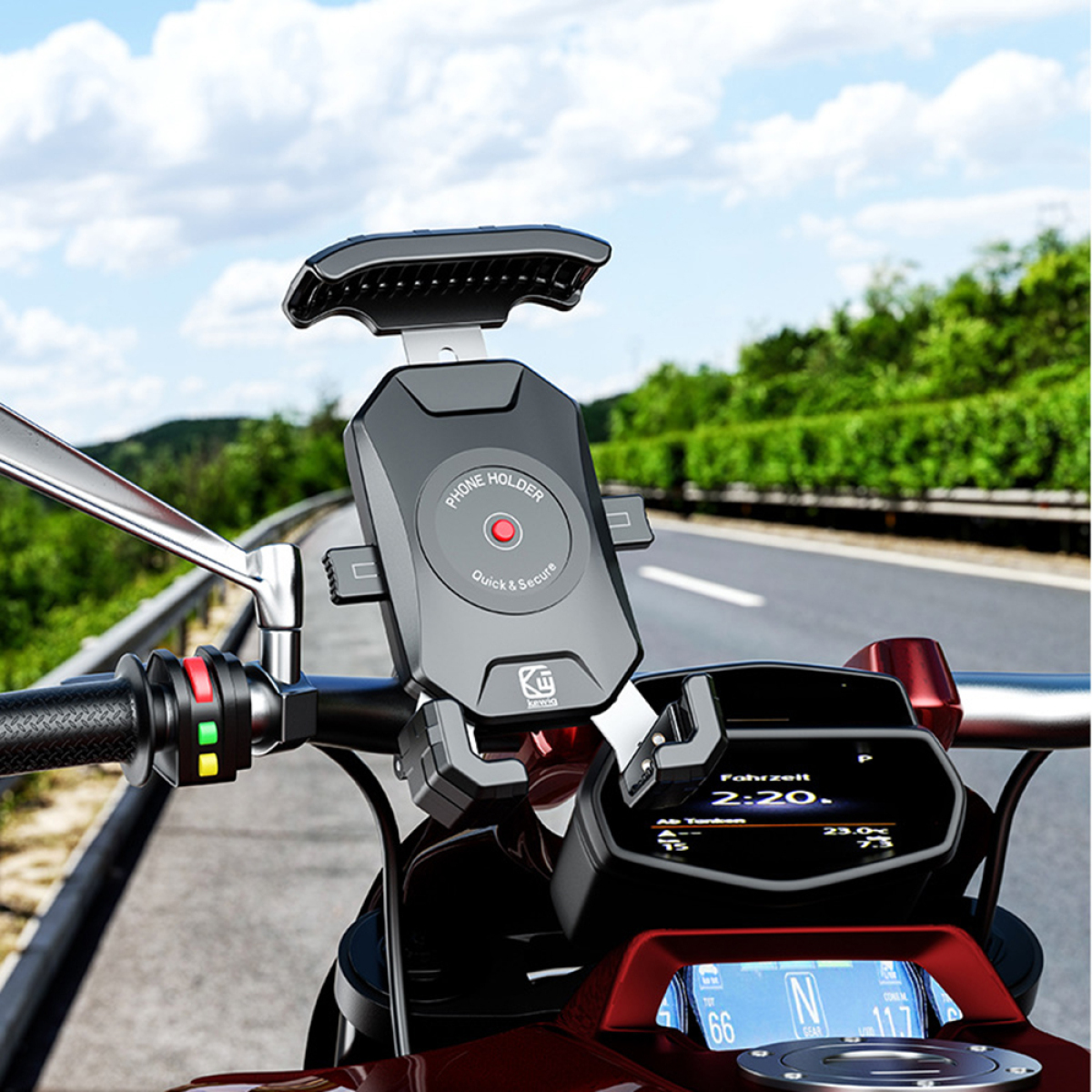 Ein Motorrad-Lenker-Telefonhalter, montiert auf einer Straße. Der Bildschirm zeigt Daten.