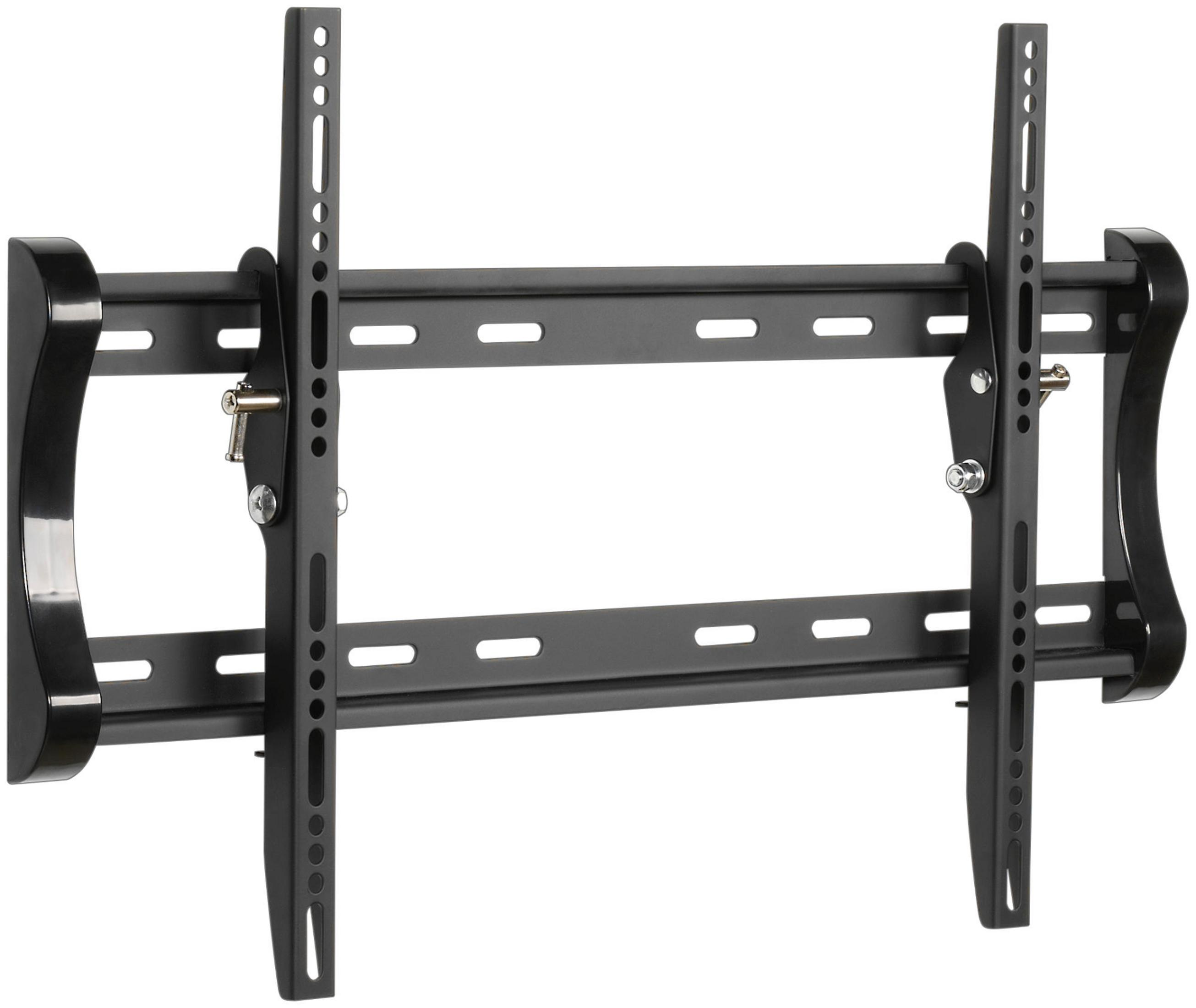 Soporte de pared para TV negro con barras horizontales y soportes verticales. Está sobre un fondo blanco.