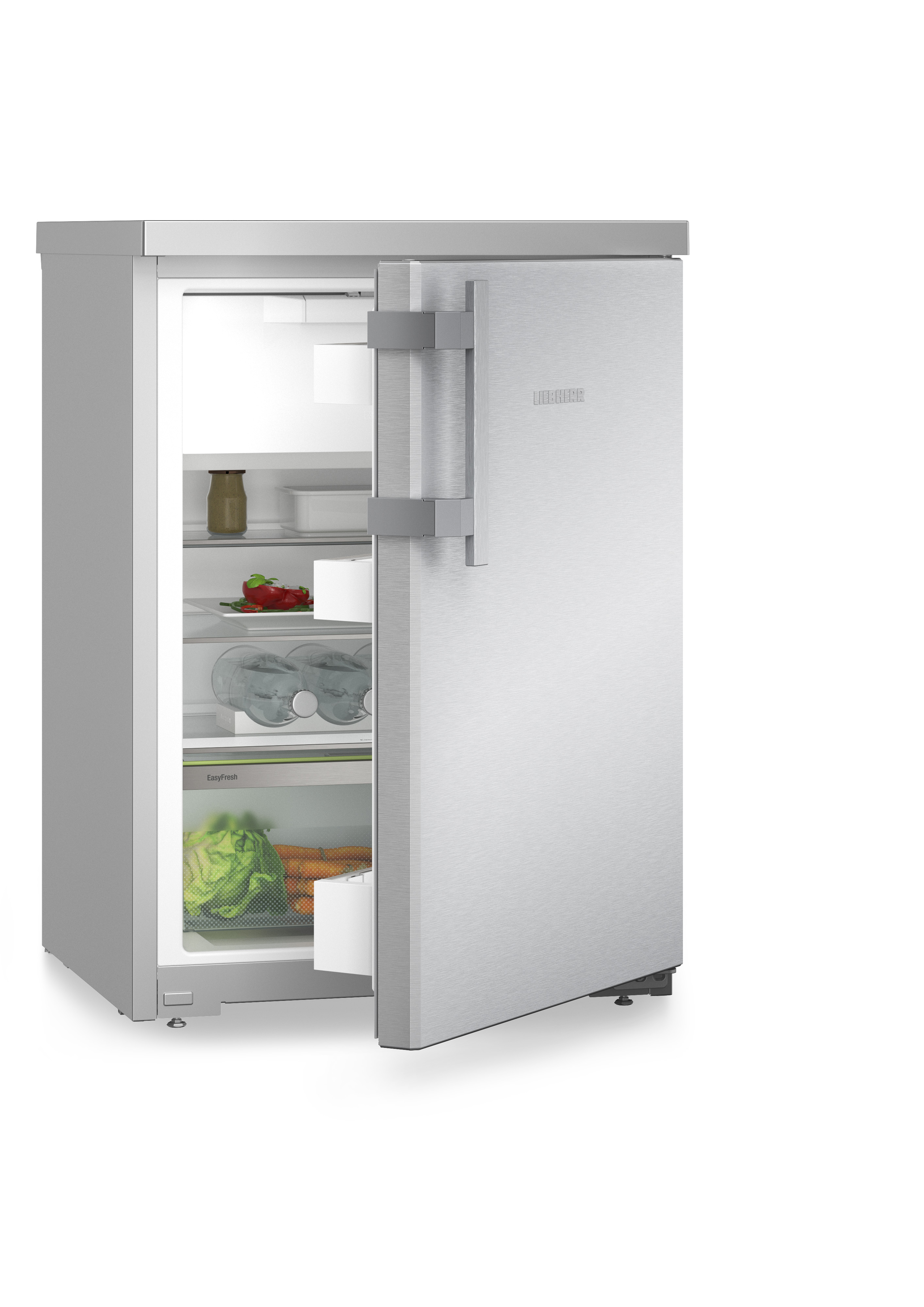 Refrigerador plateado con puerta abierta. Alimentos visibles en el interior.