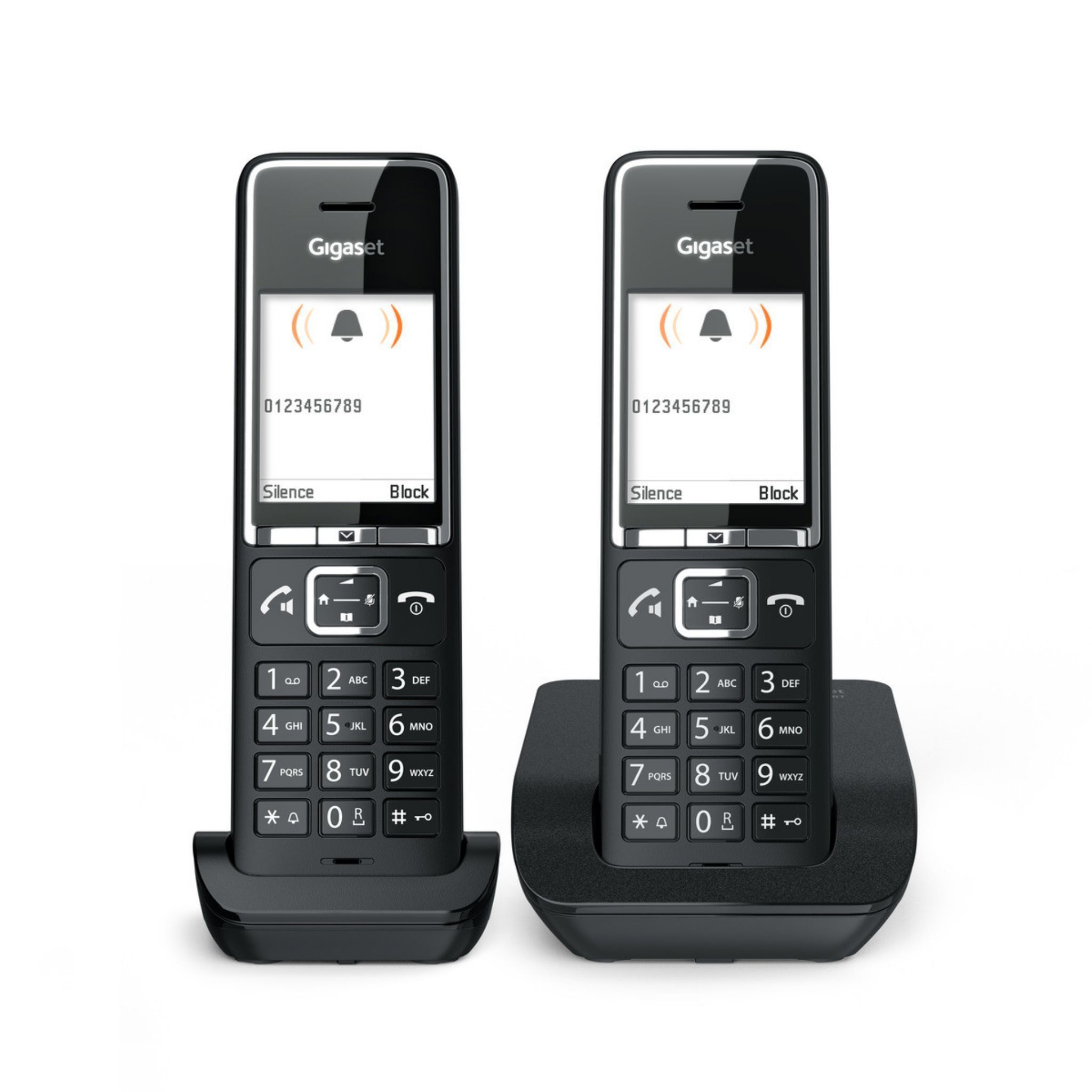 Dos teléfonos inalámbricos Gigaset negros en sus bases de carga, con pantallas iluminadas.