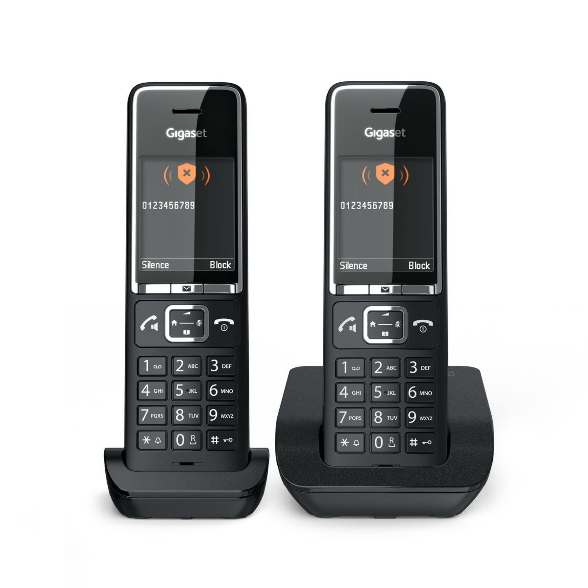 Dos teléfonos inalámbricos Gigaset negros con pantallas y bases de carga.