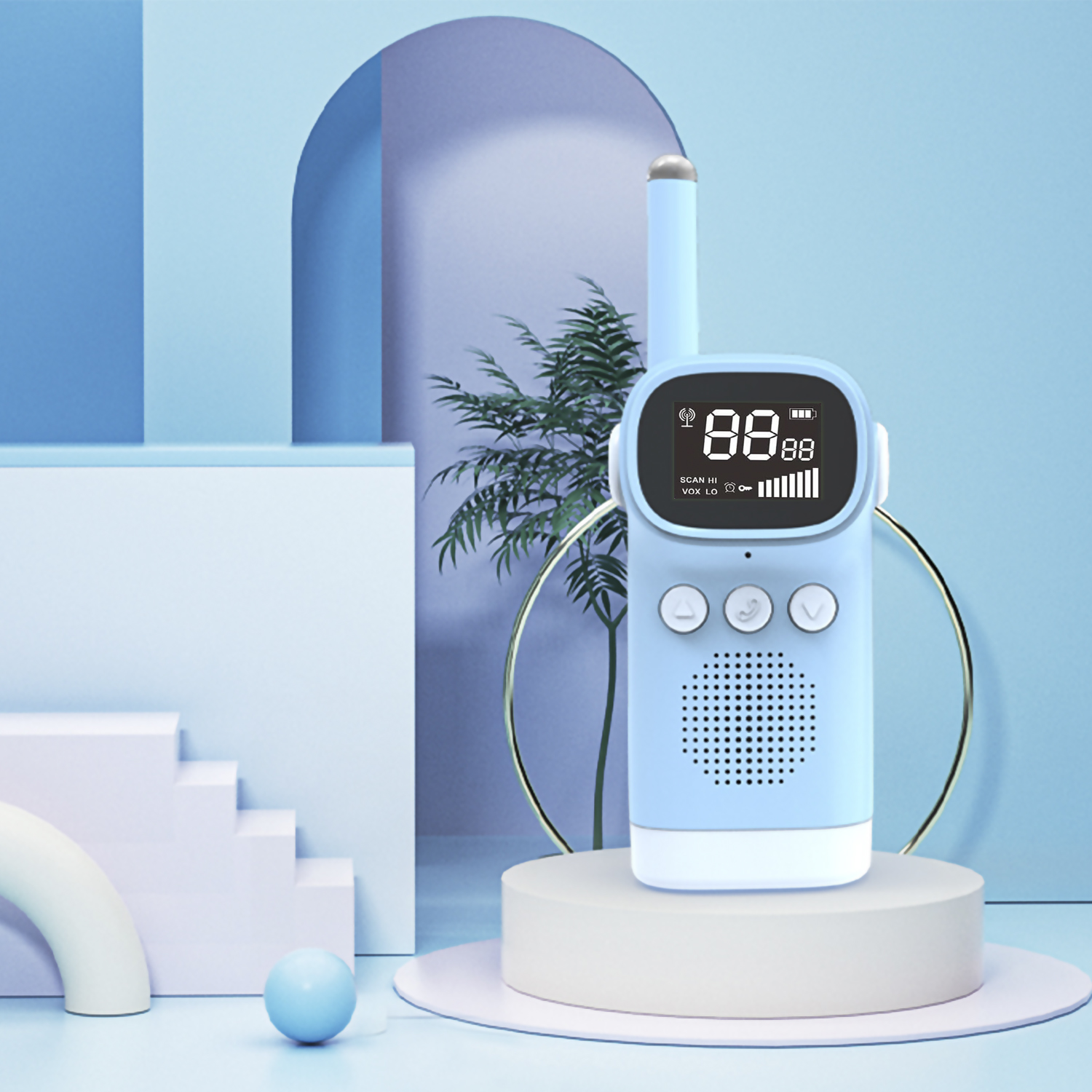 Walkie-talkie blu su un piedistallo, con display e pulsanti visibili.