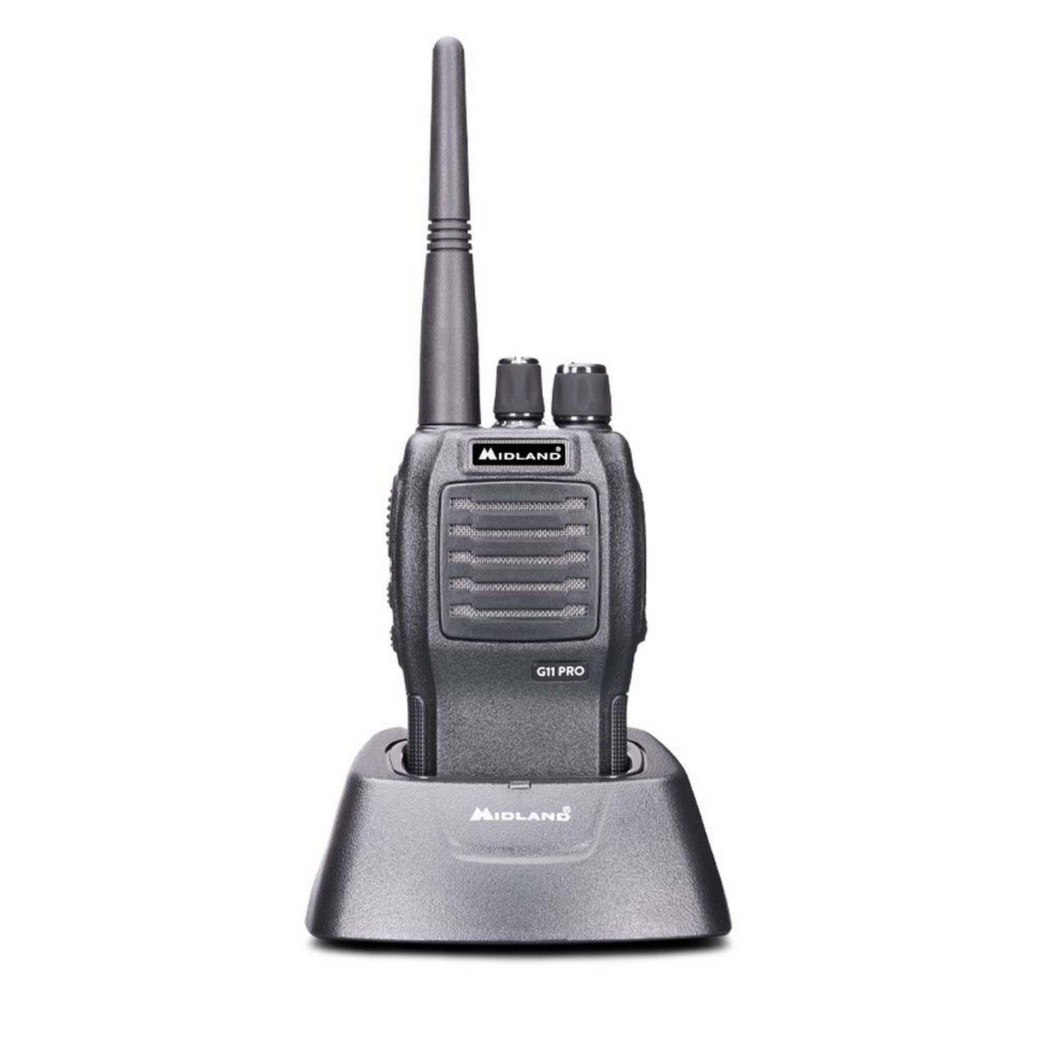 Walkie-talkie negro y gris en una base de carga. El nombre de la marca es visible en la base.