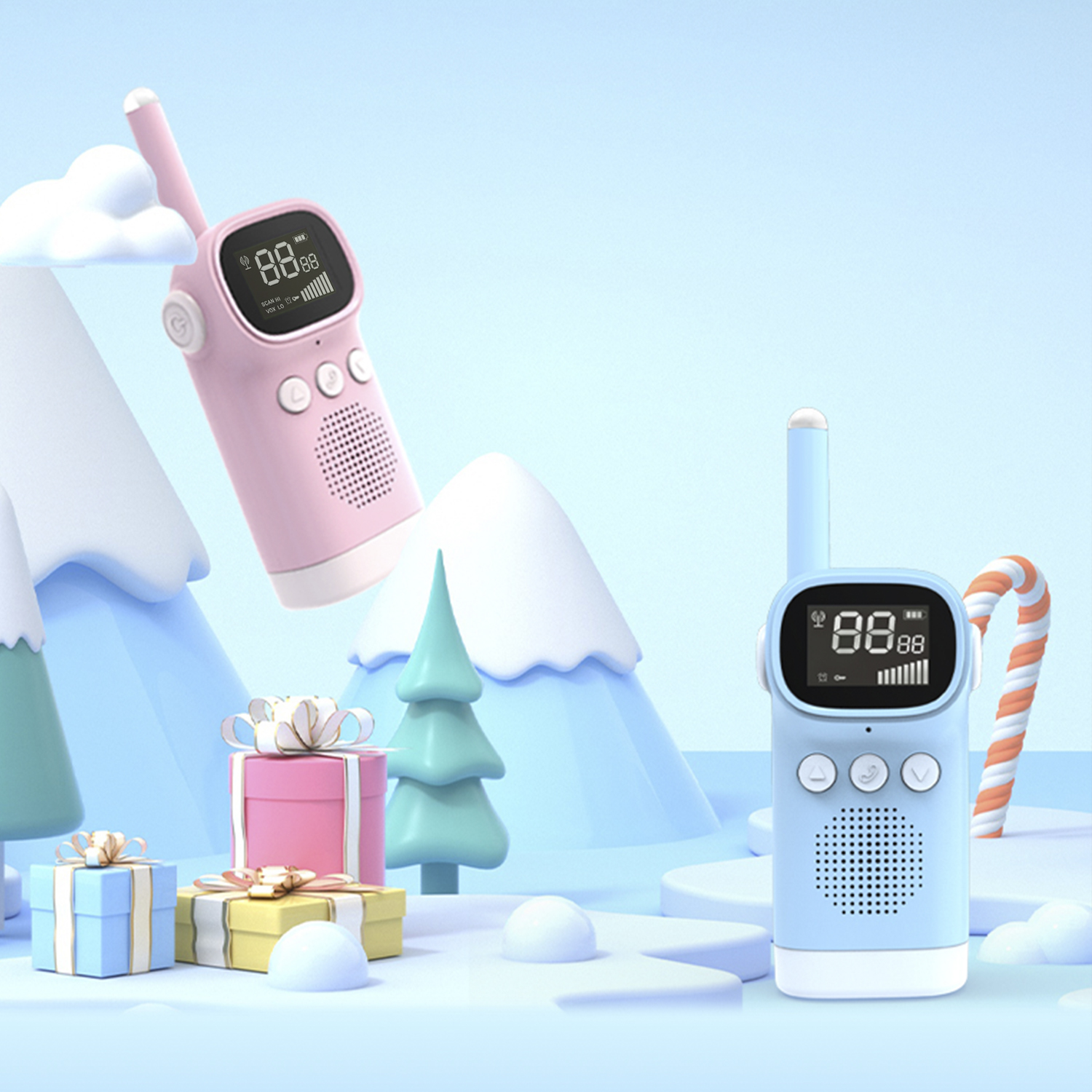 Due walkie-talkie, rosa e blu, con un cofanetto regalo e una decorazione per l'albero di Natale in una scena a cartoni animati.