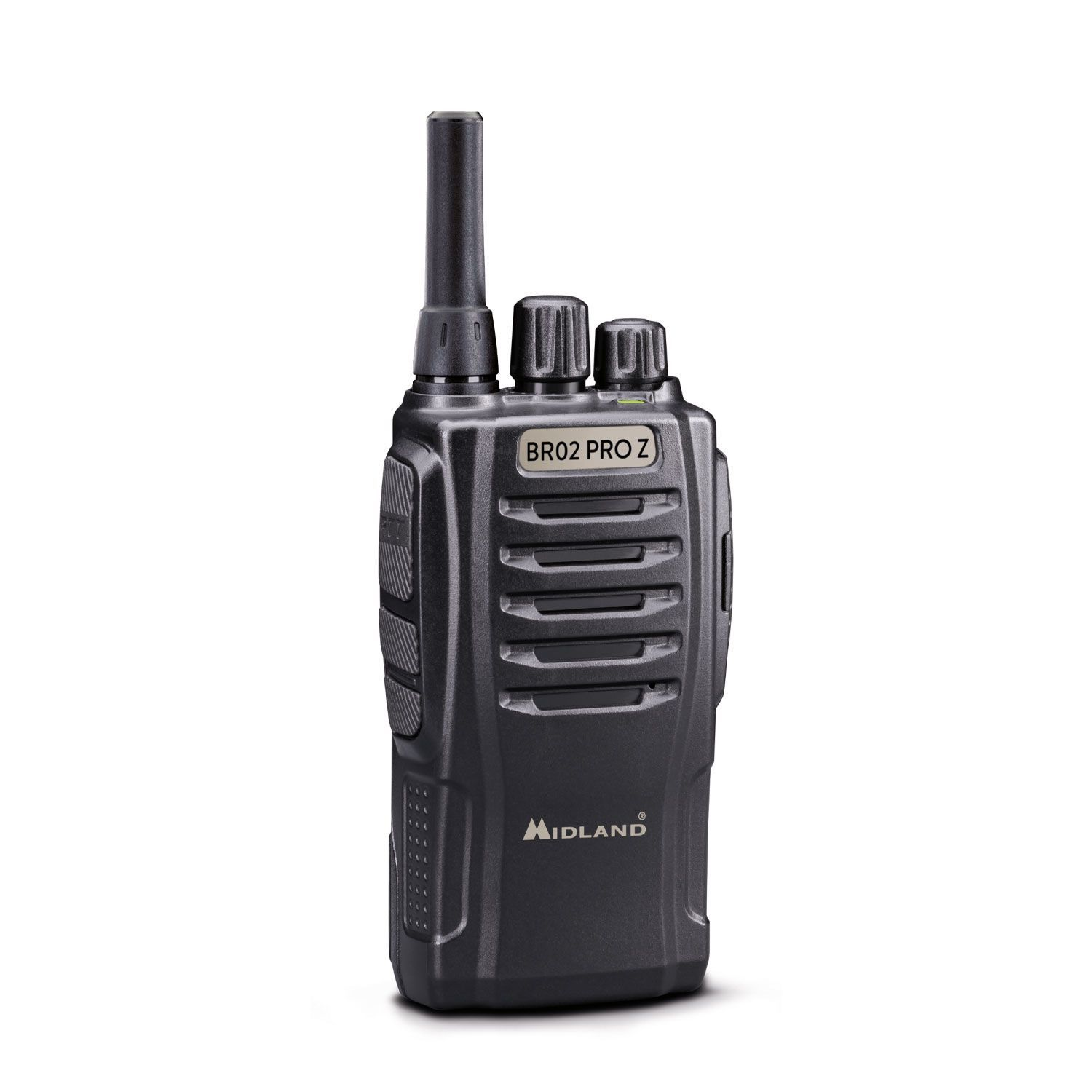 Radio Midland BR02 Pro Z negro con botones, antena y logotipo de Midland.