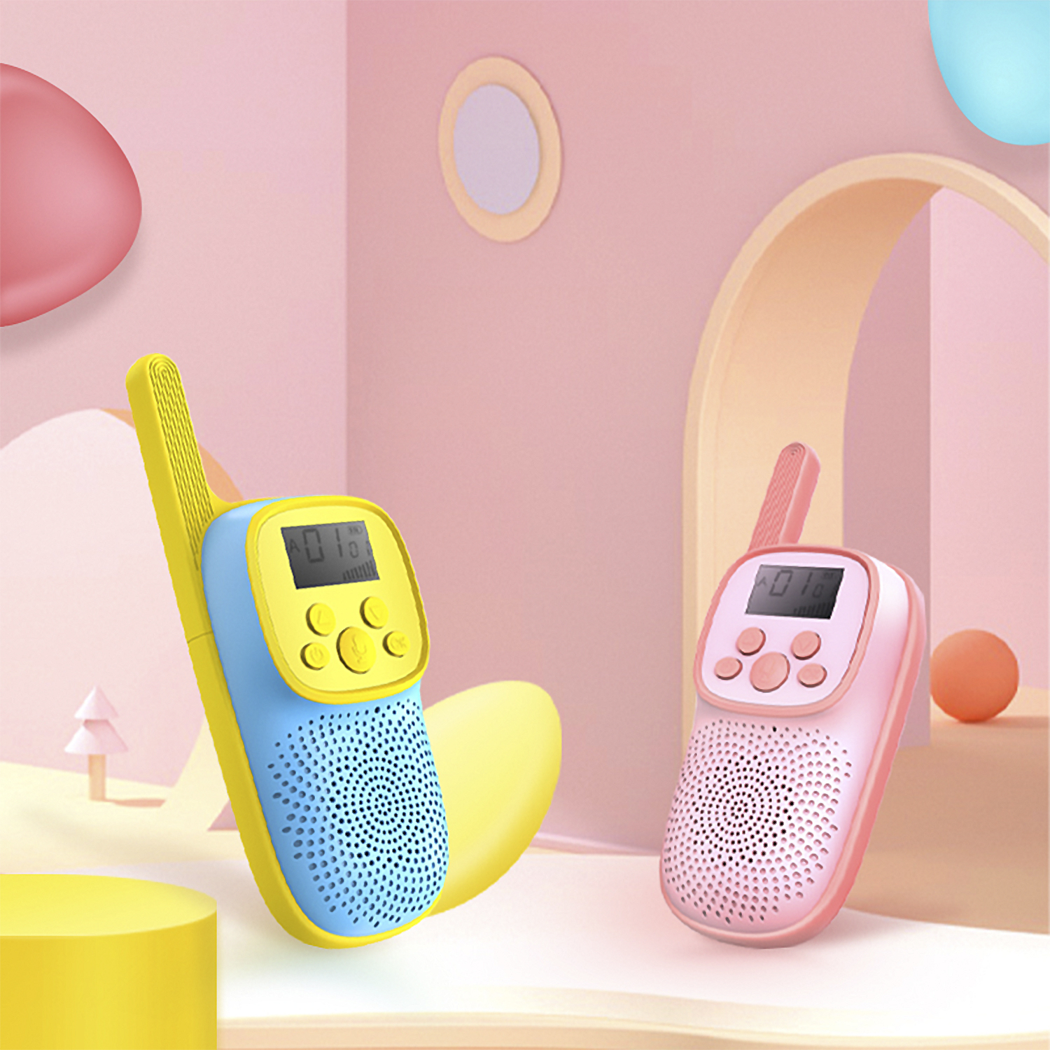 Dos walkie-talkies, uno rosa, uno azul. Las pantallas muestran números. Acentos rosas y amarillos.