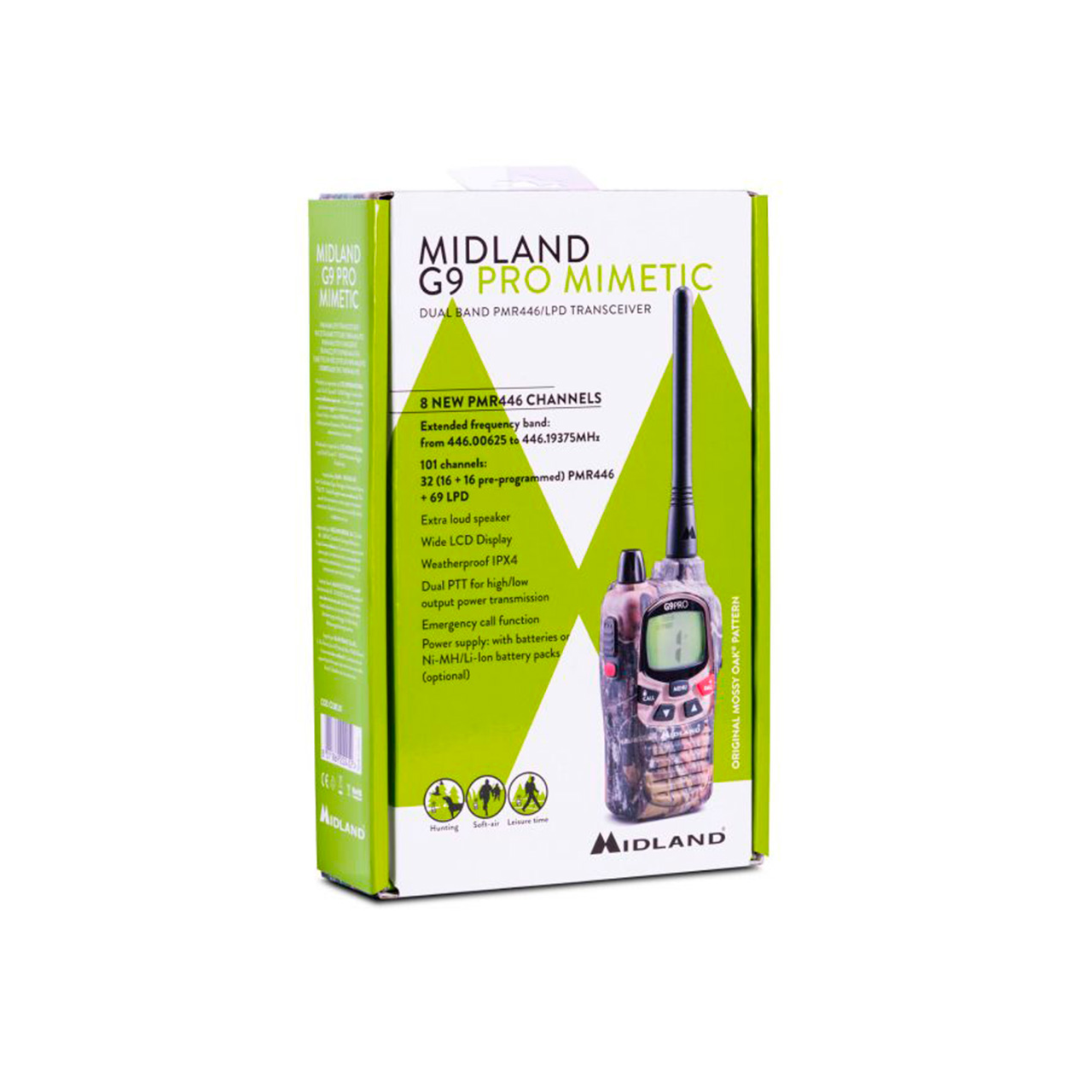 Caja para un transceptor Midland G9 Pro Mimetic de banda dual LPD, con texto e imagen.