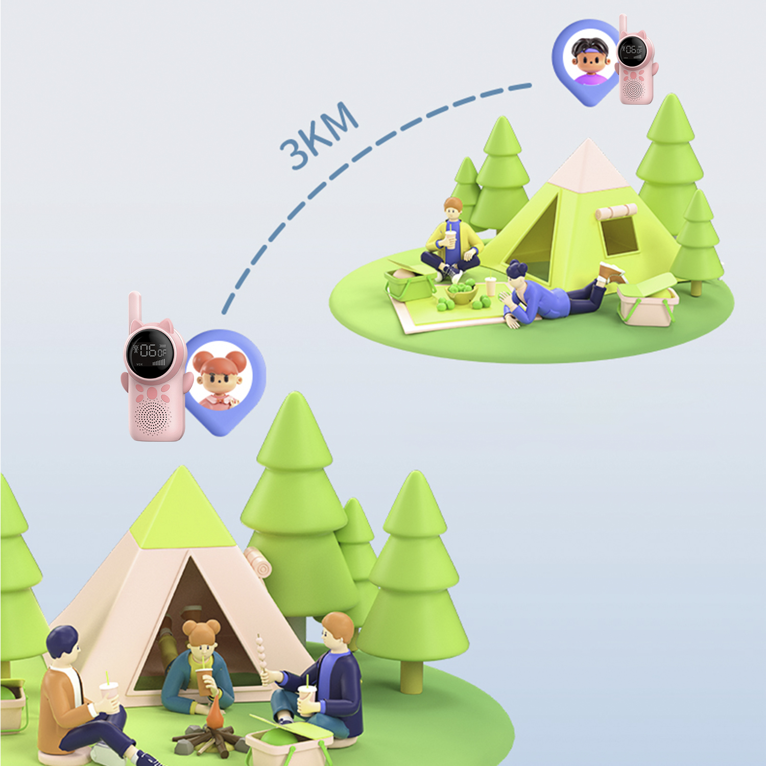Gente acampando y usando walkie-talkies. Dos walkie-talkies muestran un mapa con una distancia de 3 km.