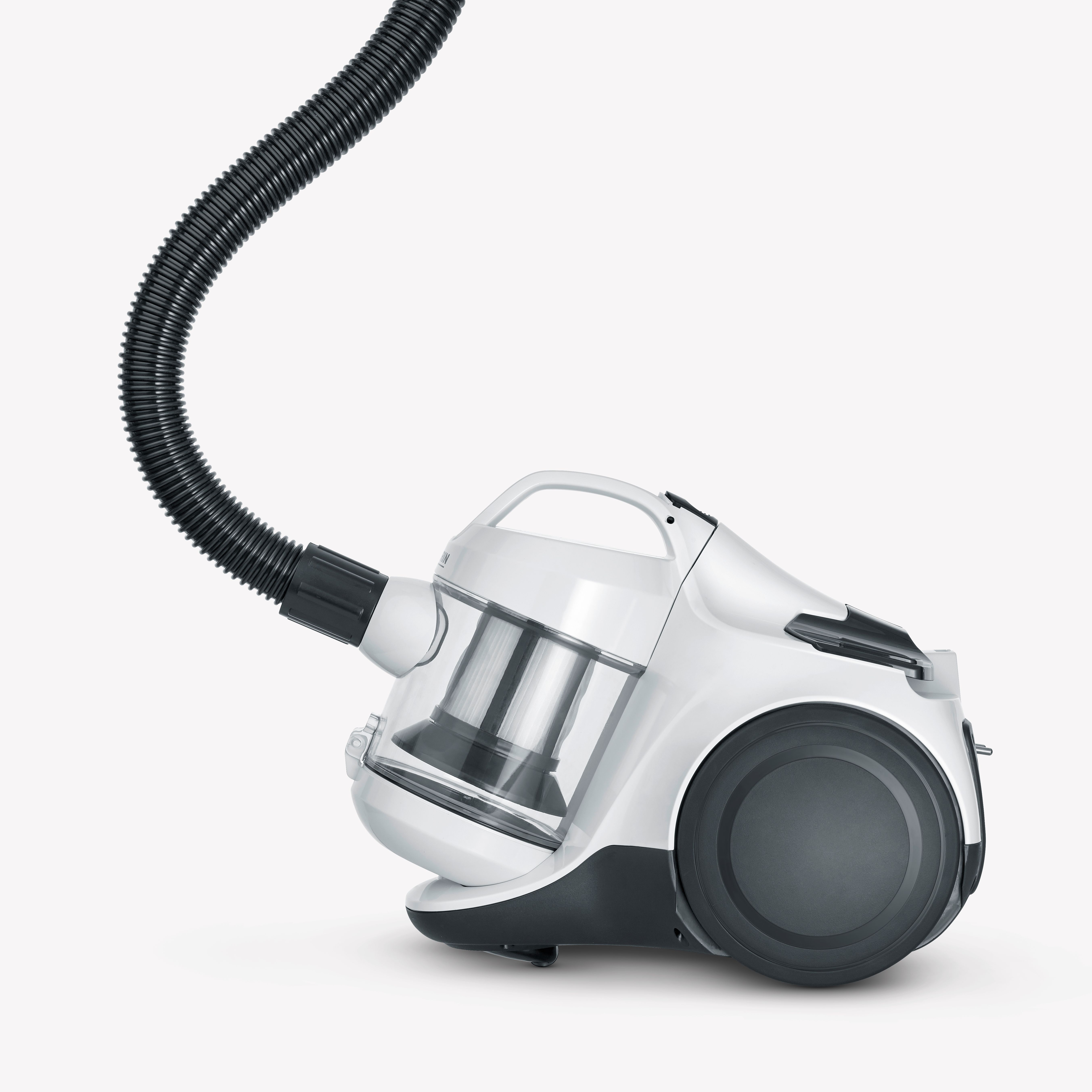 Biały odkurzacz z czarnymi akcentami i elastycznym wężem. Widoczna przezroczysta komora na kurz.