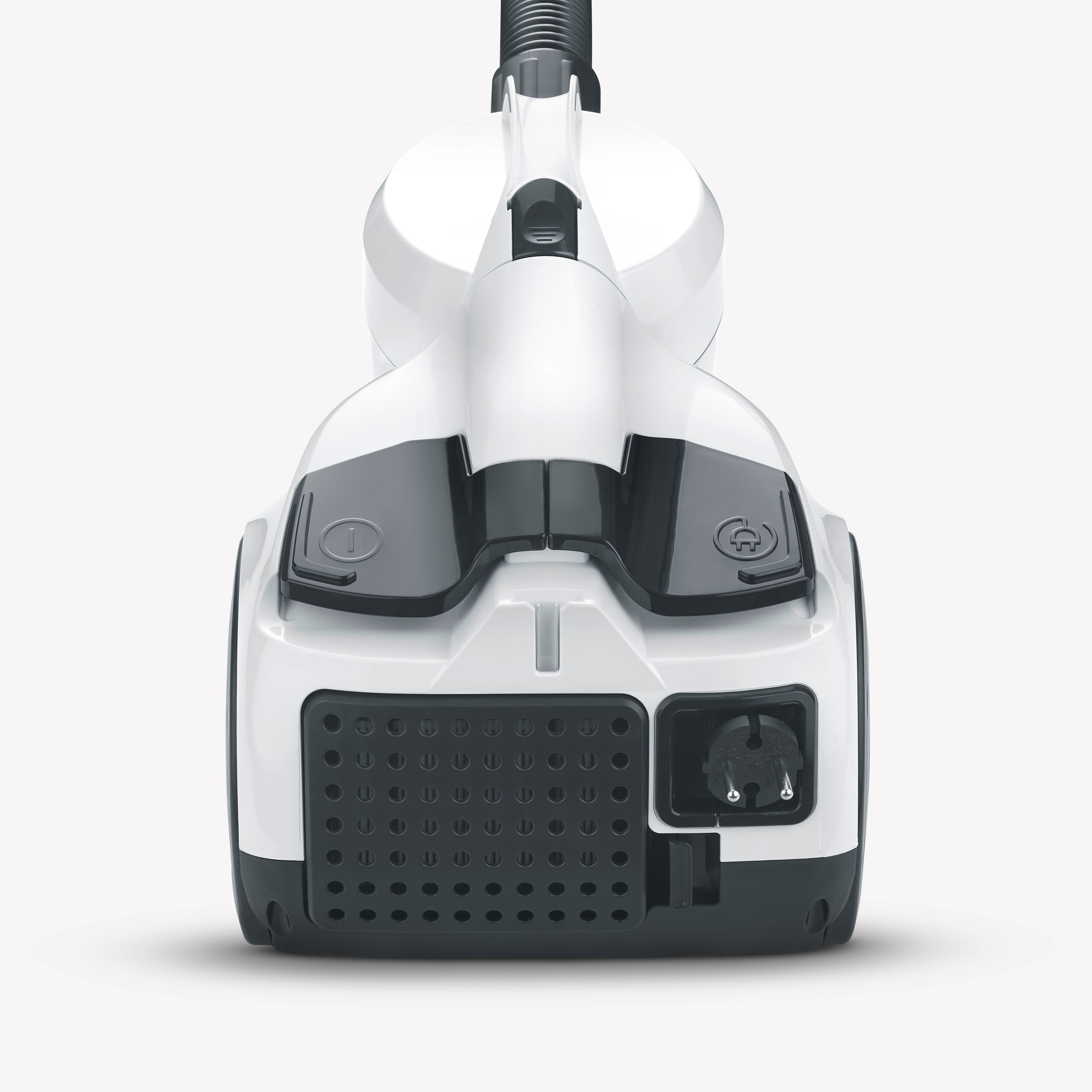 Biały odkurzacz z czarną górą i gniazdem zasilania.