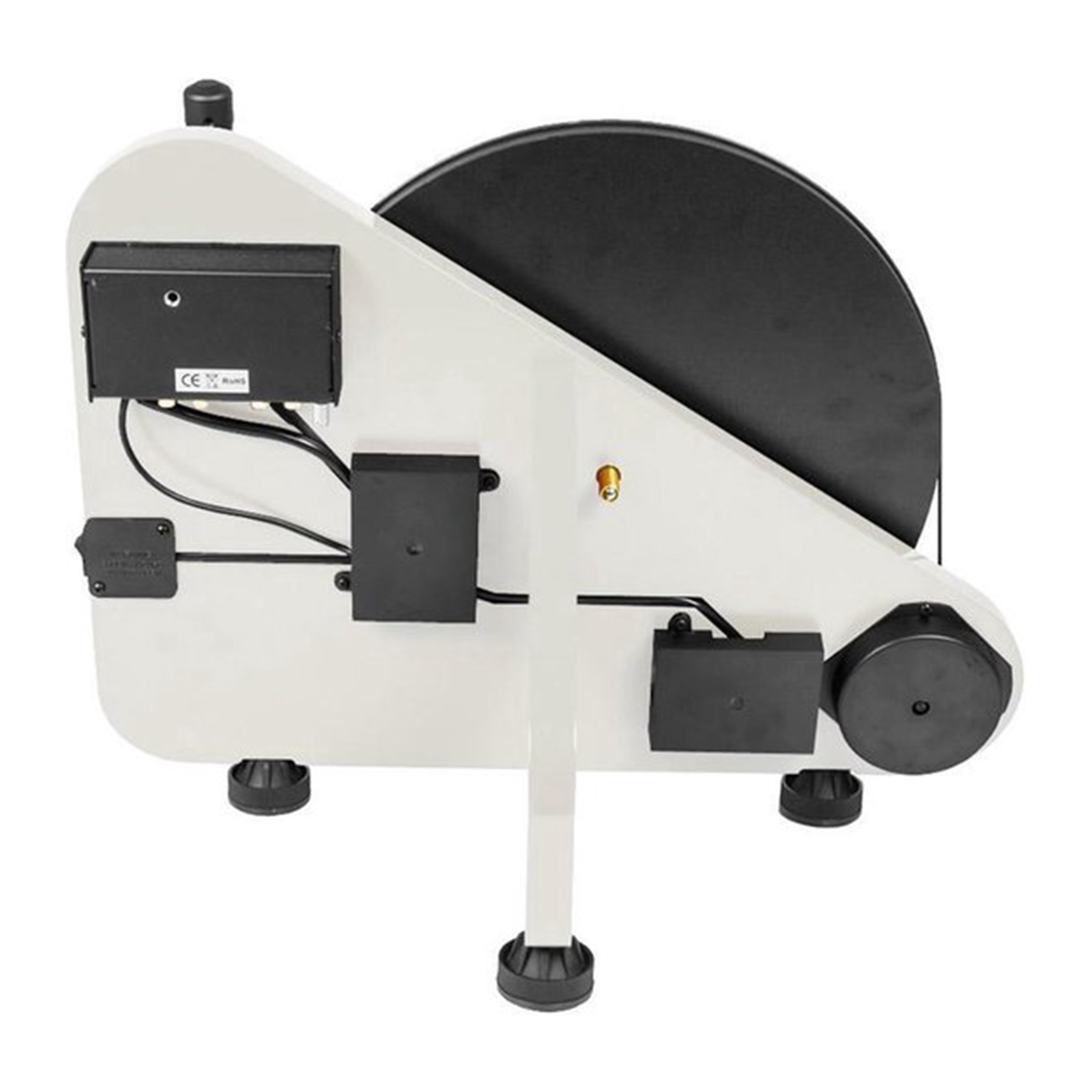 Maszyna z czarnym dyskiem, białą podstawą i czarnymi skrzynkami, widziana z niskiego kąta.