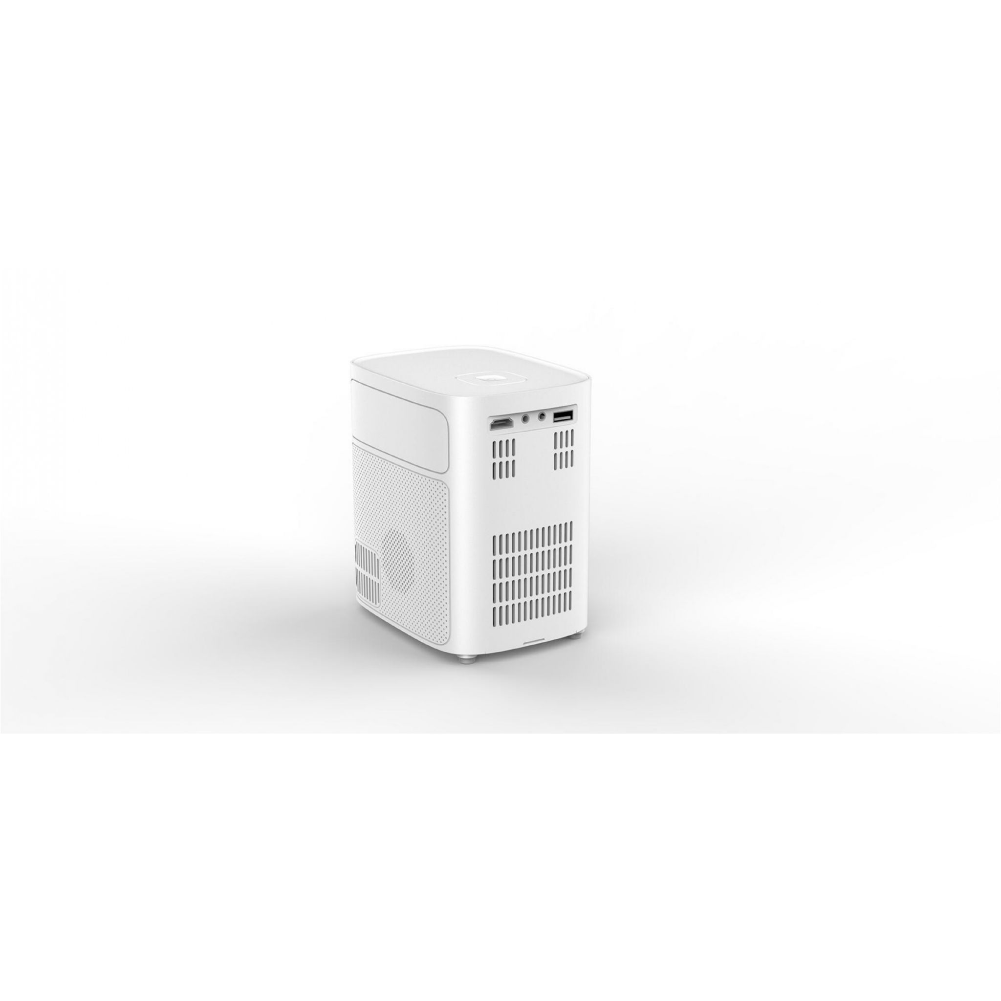 Biały, prostokątny projektor z kratką wentylacyjną.