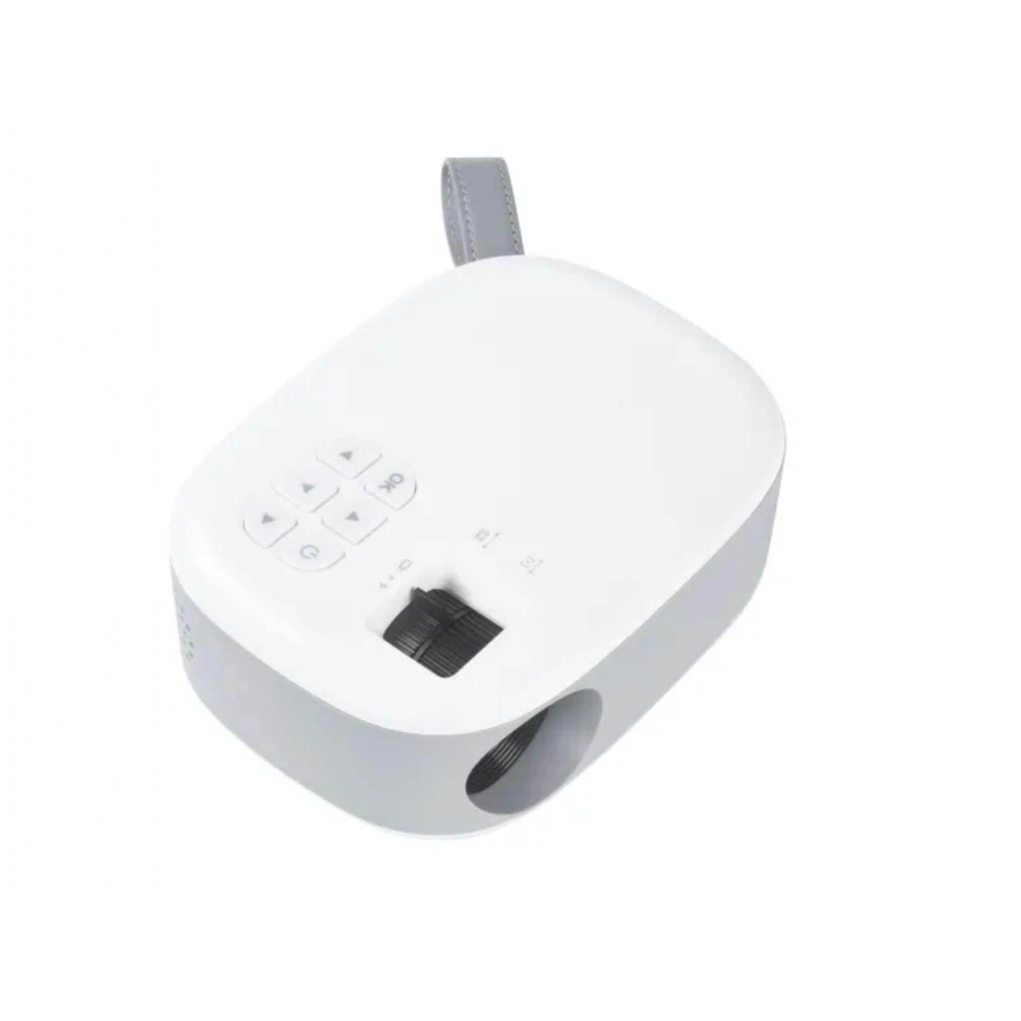 Biało-szary projektor jest pokazany z góry. Posiada przyciski sterowania i obiektyw.