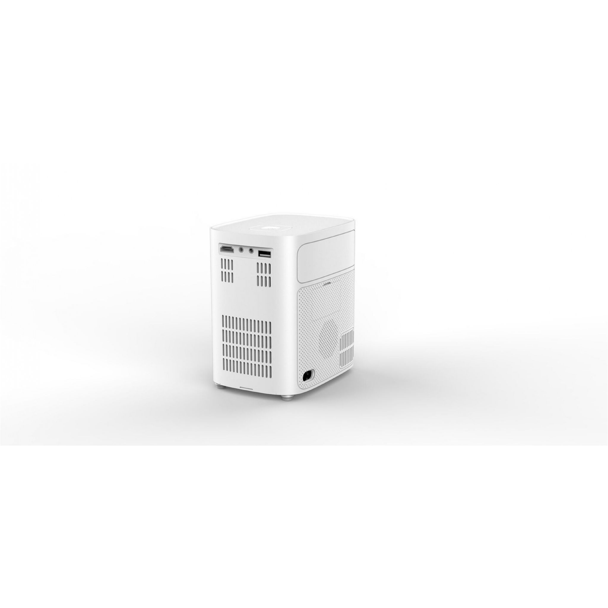 Białe urządzenie projektora o prostokątnym kształcie i kilku otworach wentylacyjnych, na białej powierzchni.