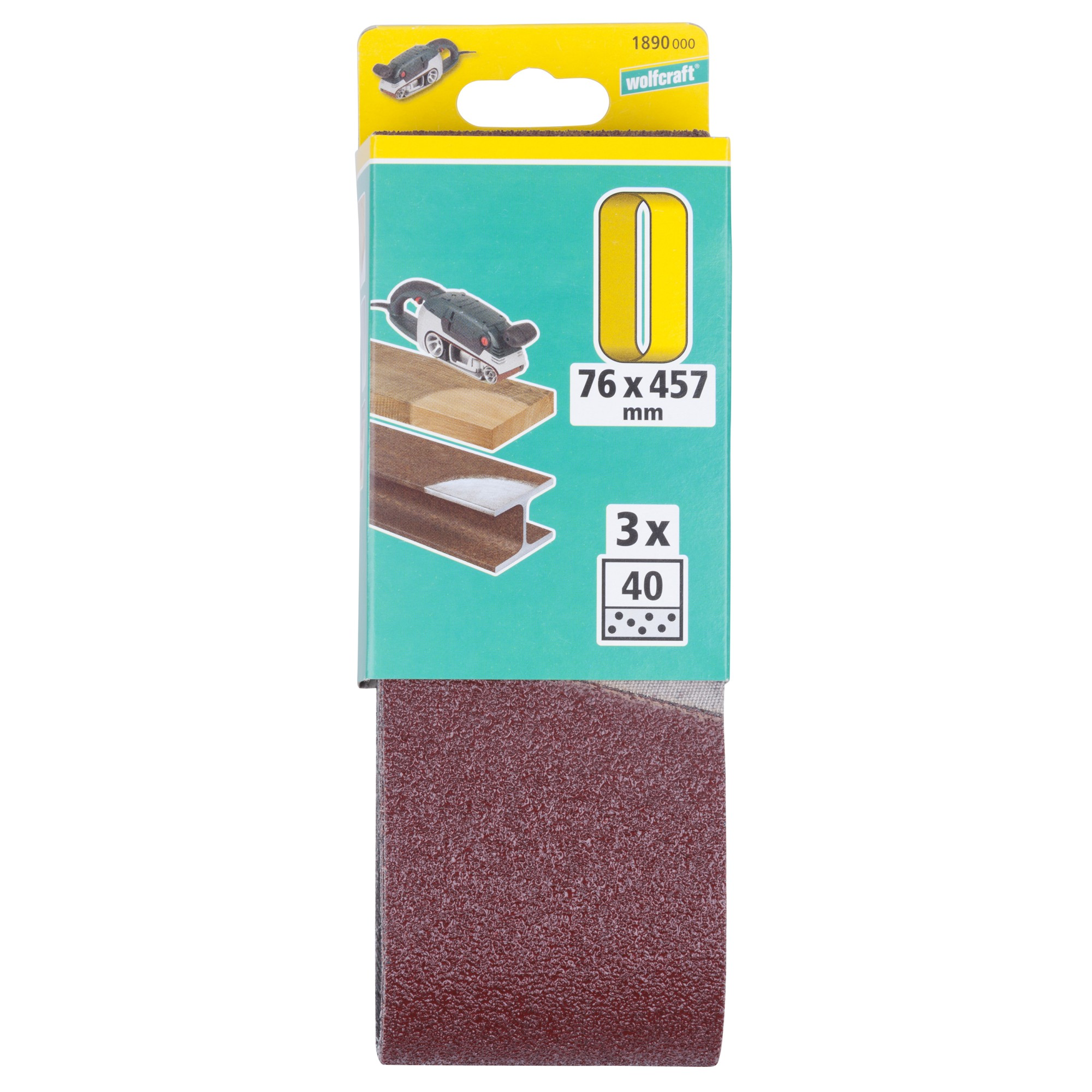 Paquete de banda de lijado; banda roja visible. El texto dice 76x457 mm, 3x40.