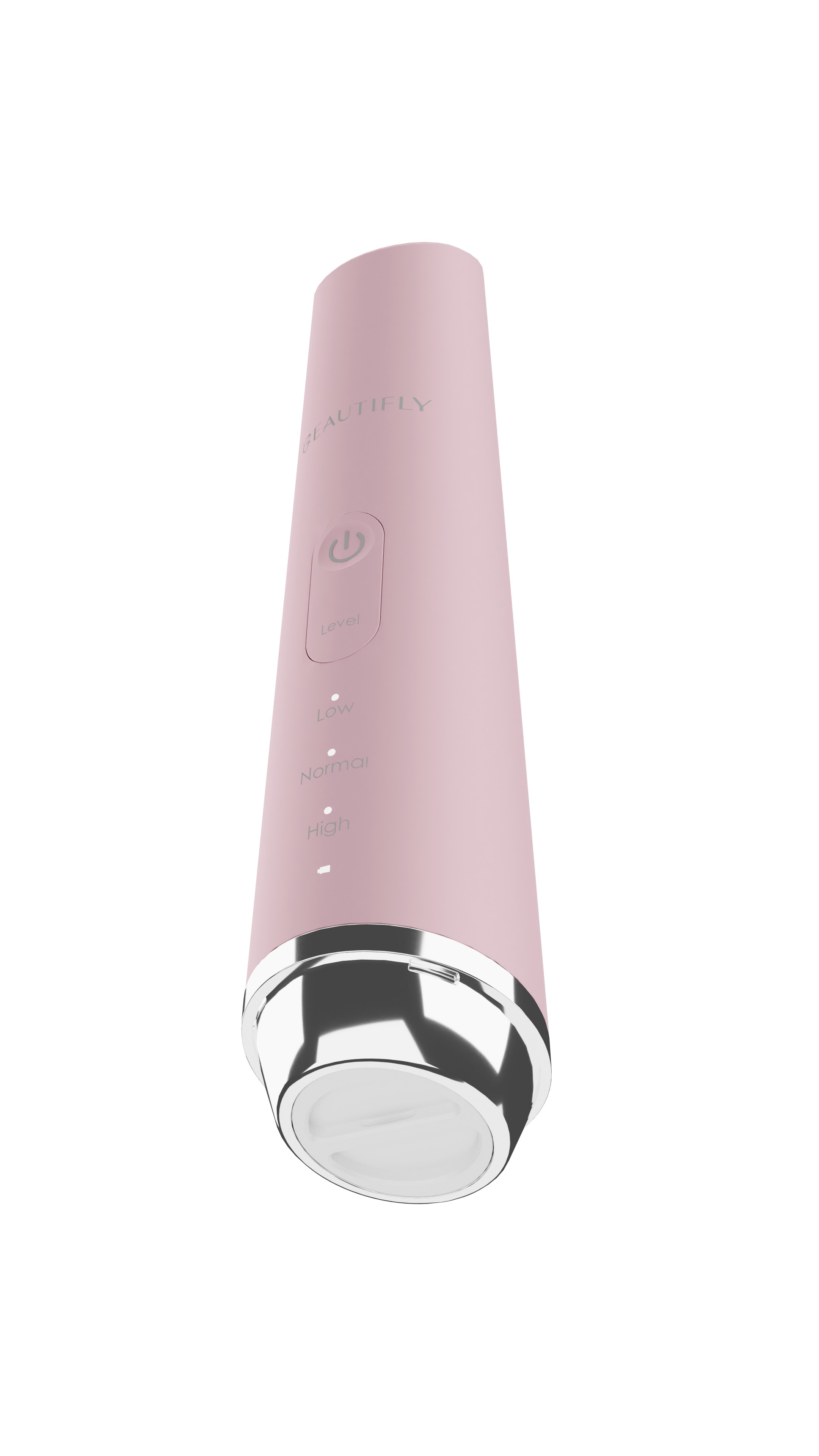 Das Bild zeigt ein pinkfarbenes Gesichtspflegegerät mit Knöpfen und einem metallischen Ende, abgewinkelt und isoliert.