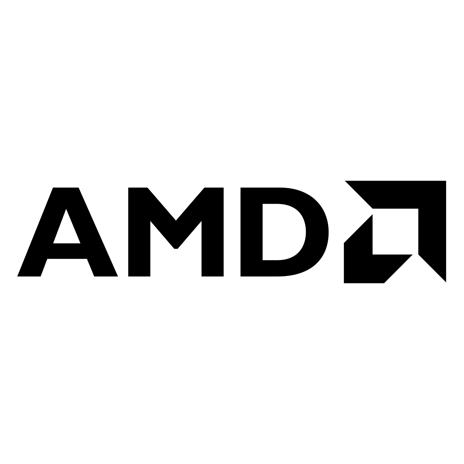 Le logo AMD en noir et blanc. Le texte 'AMD' avec le logo flèche à droite.
