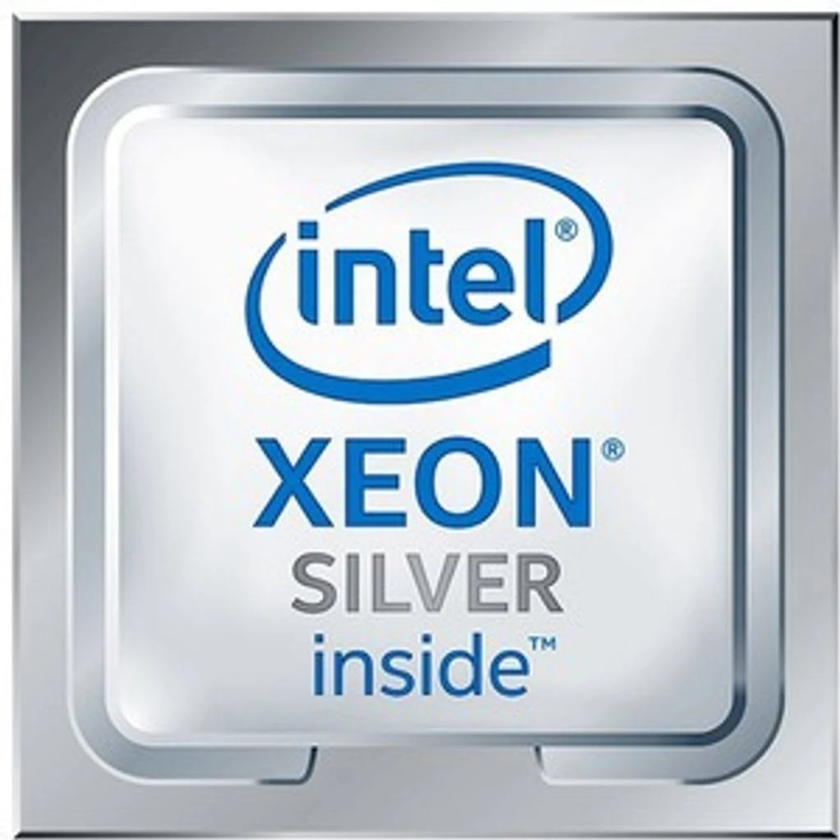 Silberner Intel Xeon Prozessor mit blauem Logo und Text. Die Wörter 'XEON SILVER' sind deutlich sichtbar.