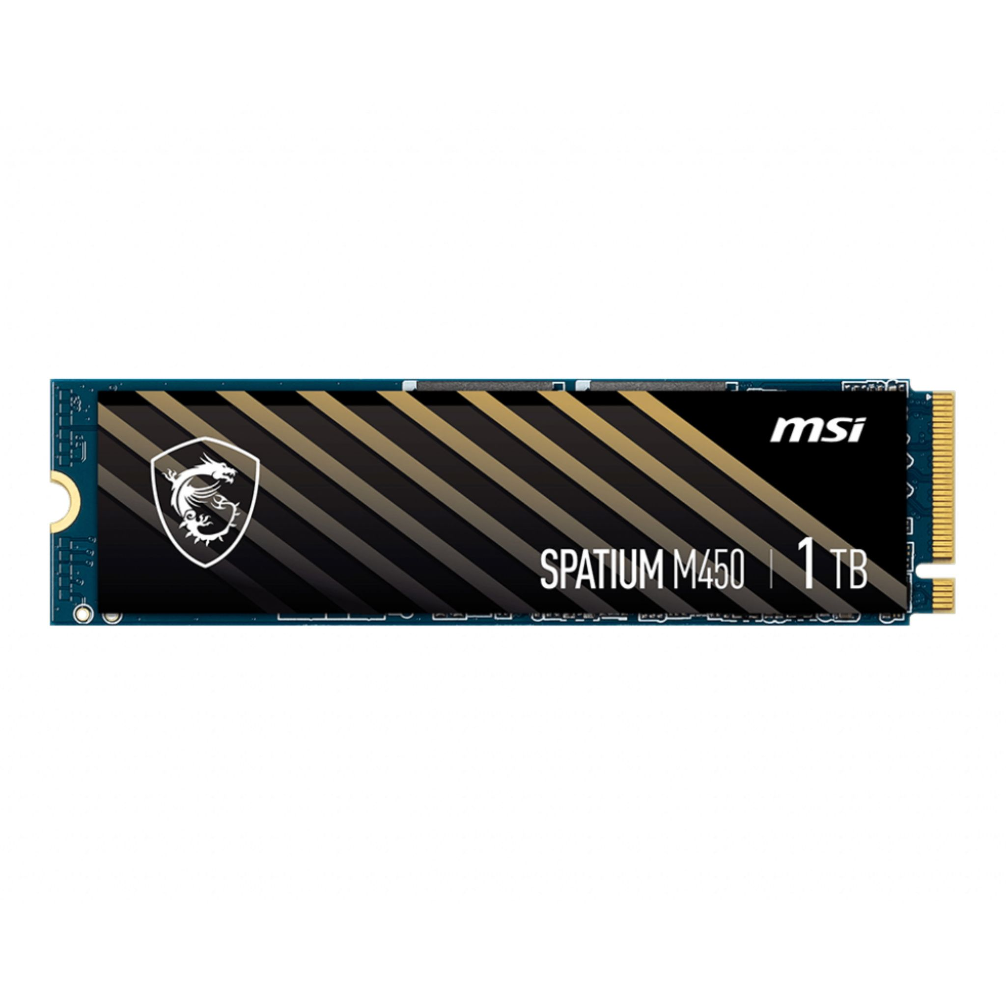 MSI Spatium M450 1TB NVMe SSD, un design a circuito stampato nero e oro, sfondo bianco e logo MSI.