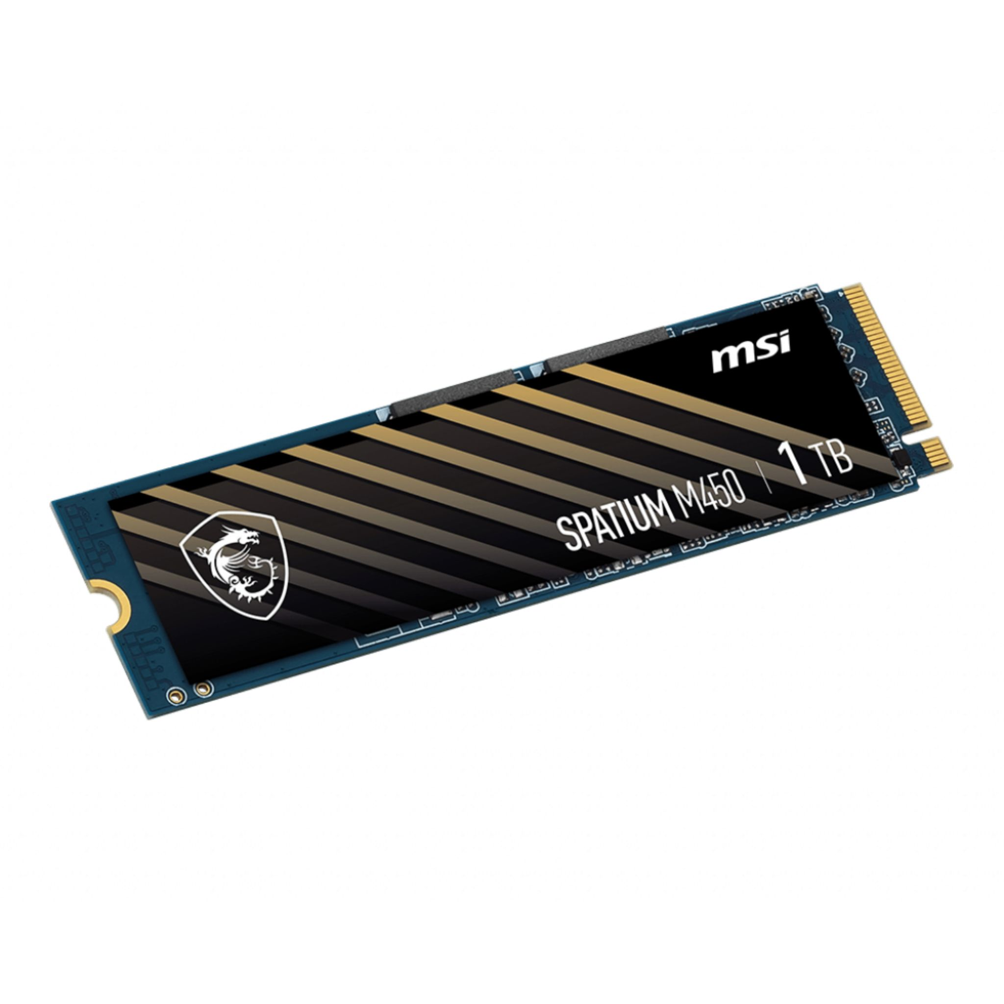 SSD MSI Spatium M450 1TB. Design nero e oro, con nome del marchio e capacità.