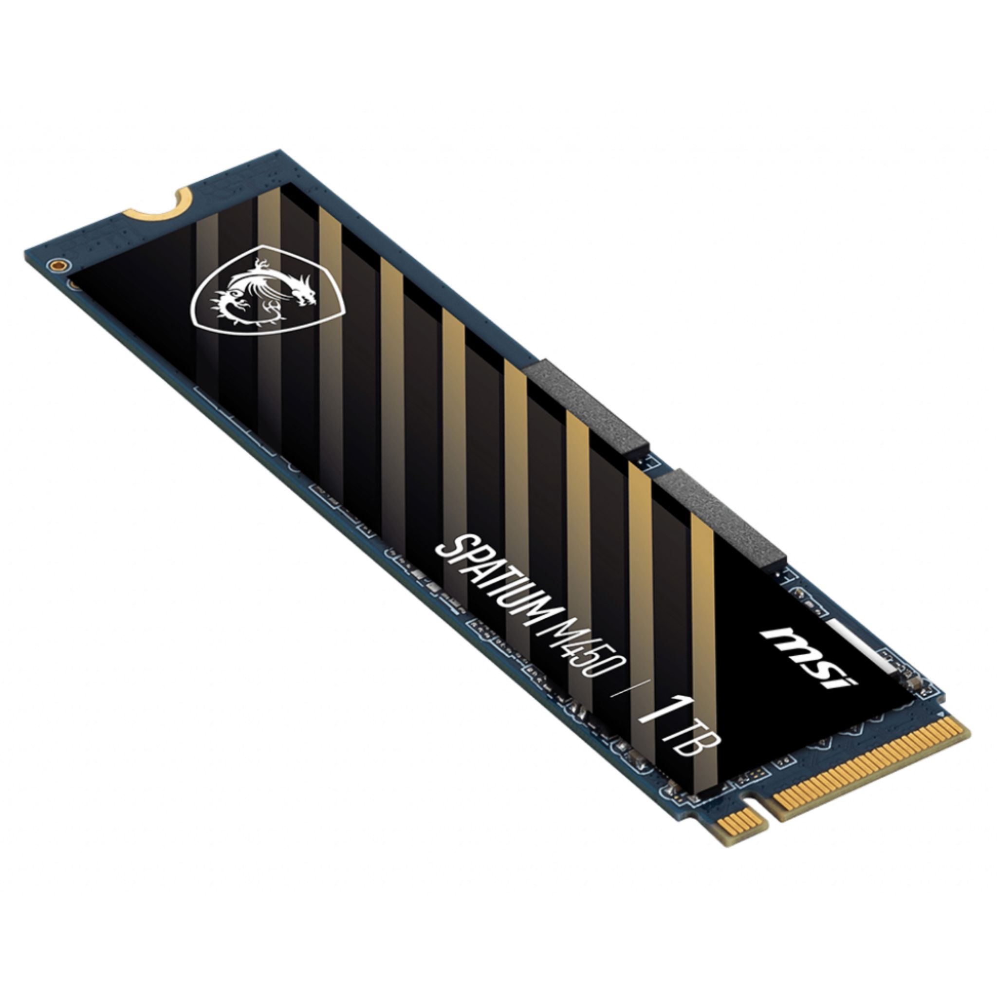 SSD MSI Spatium M450 1TB su sfondo bianco, con design nero e oro e logo MSI.