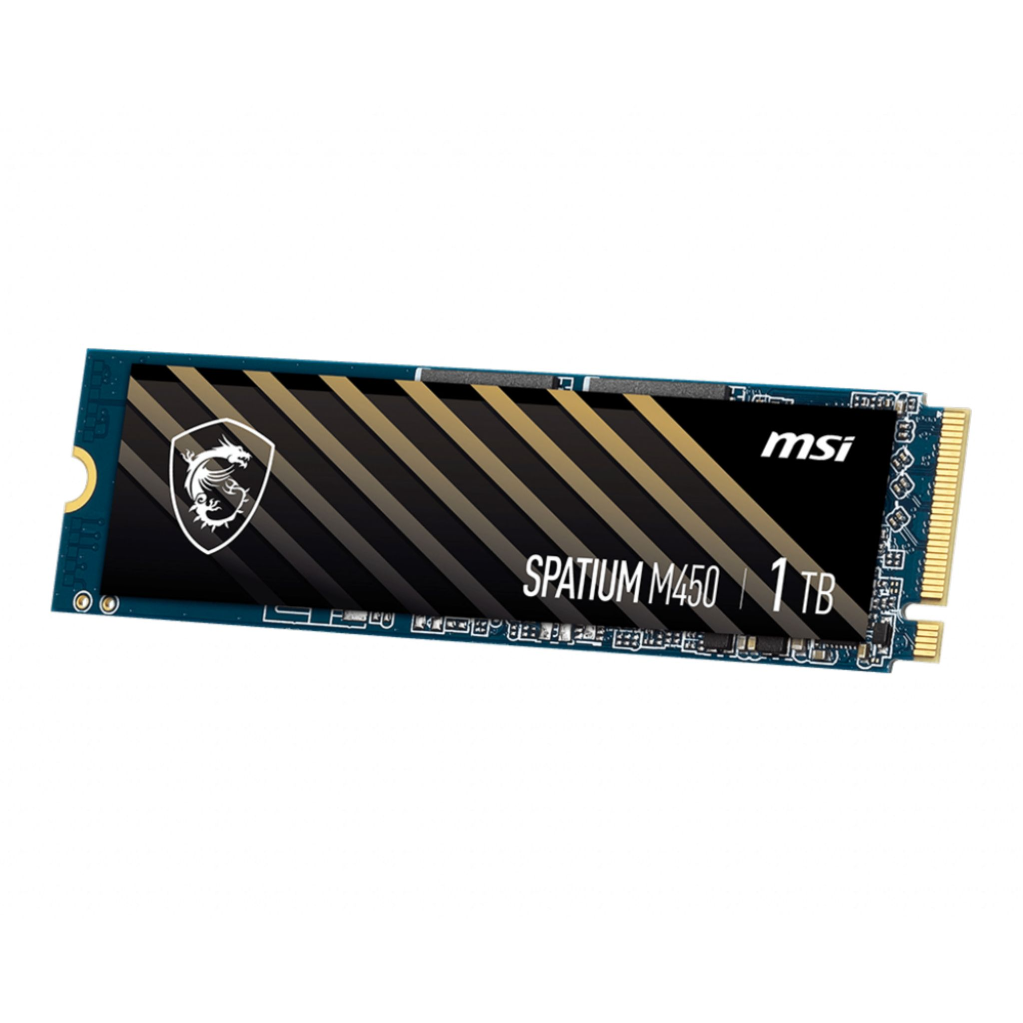 SSD MSI blu e nero con strisce nere e oro, il testo 'SPATIUM M450 1TB' è visibile.