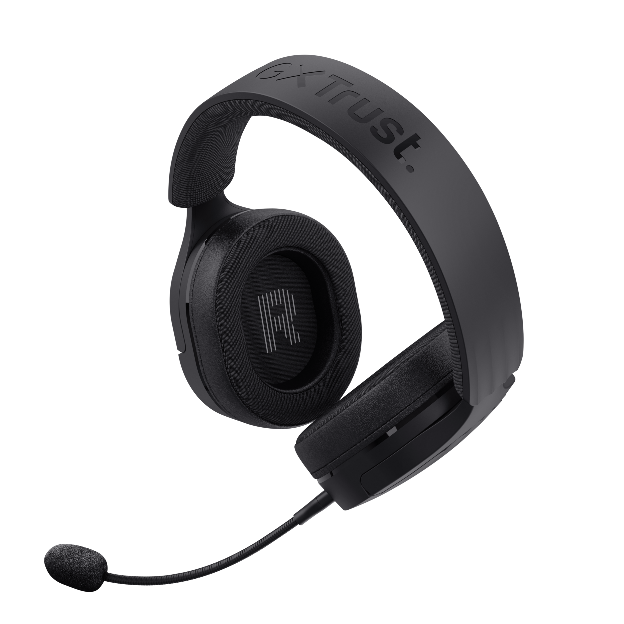 Black headphones with a microphone, resting on a black background. The text "GX Trust" is visible.