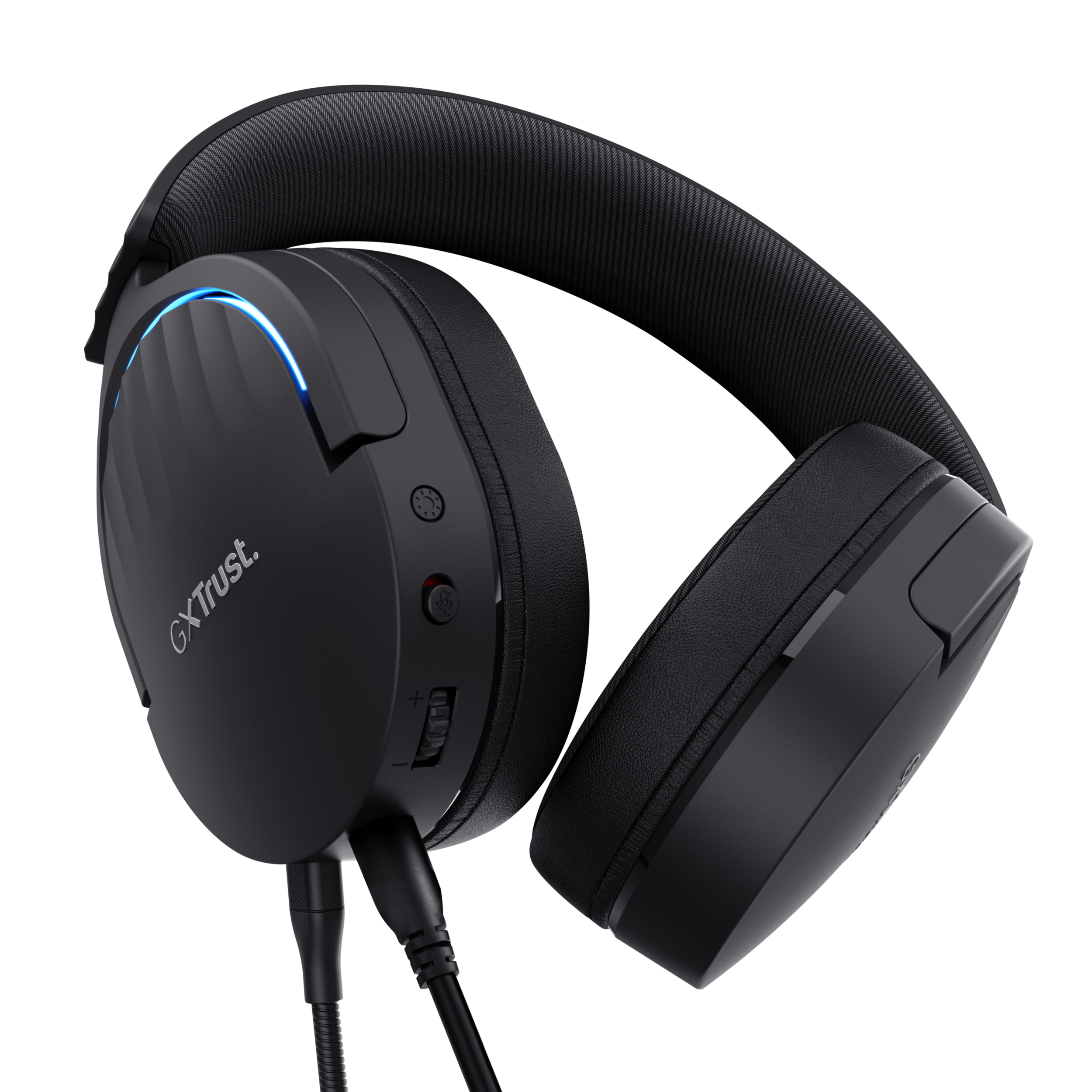 Black gaming headphones. The headphones have a microphone and are connected to a cable.