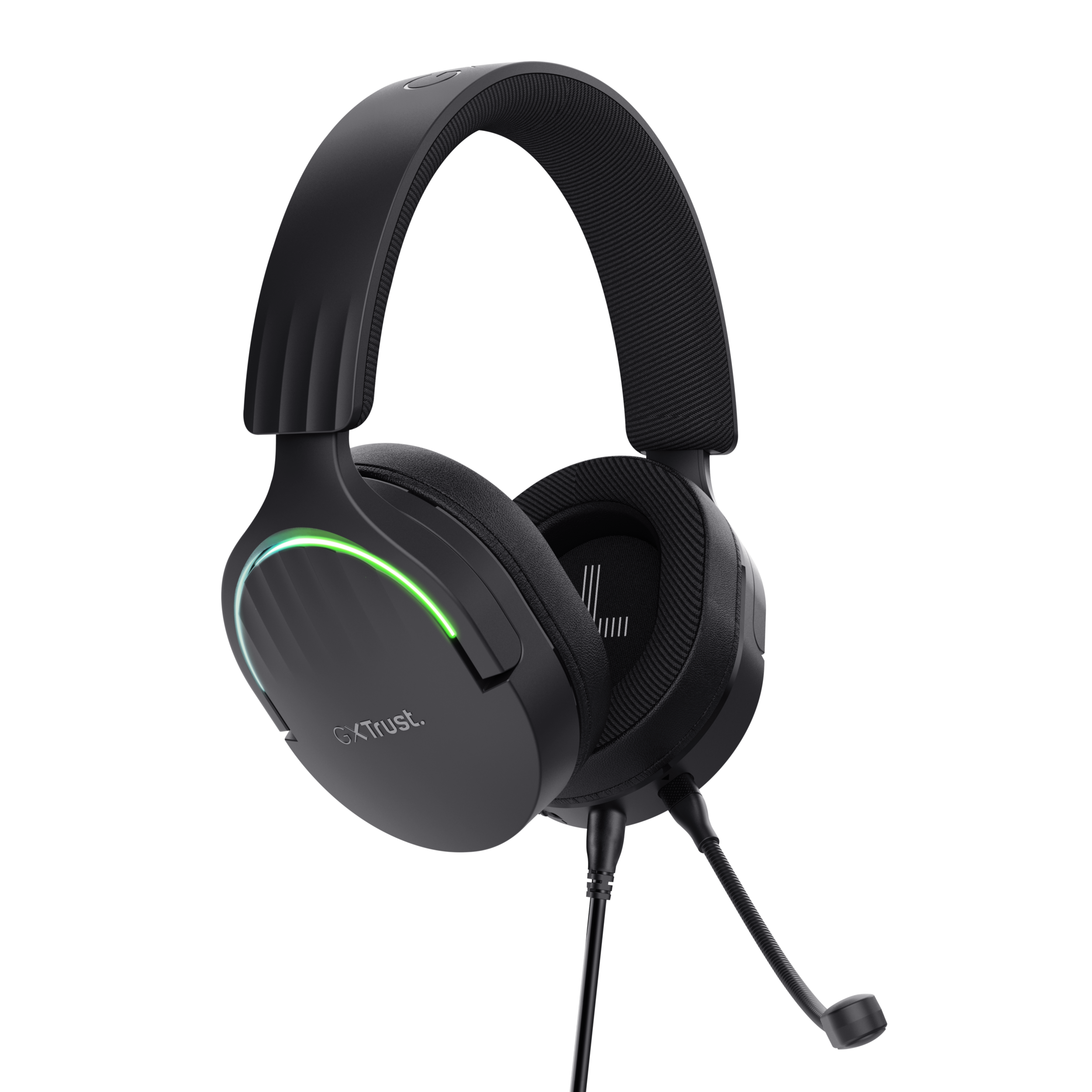 A black gaming headset with a green LED light and a microphone. 