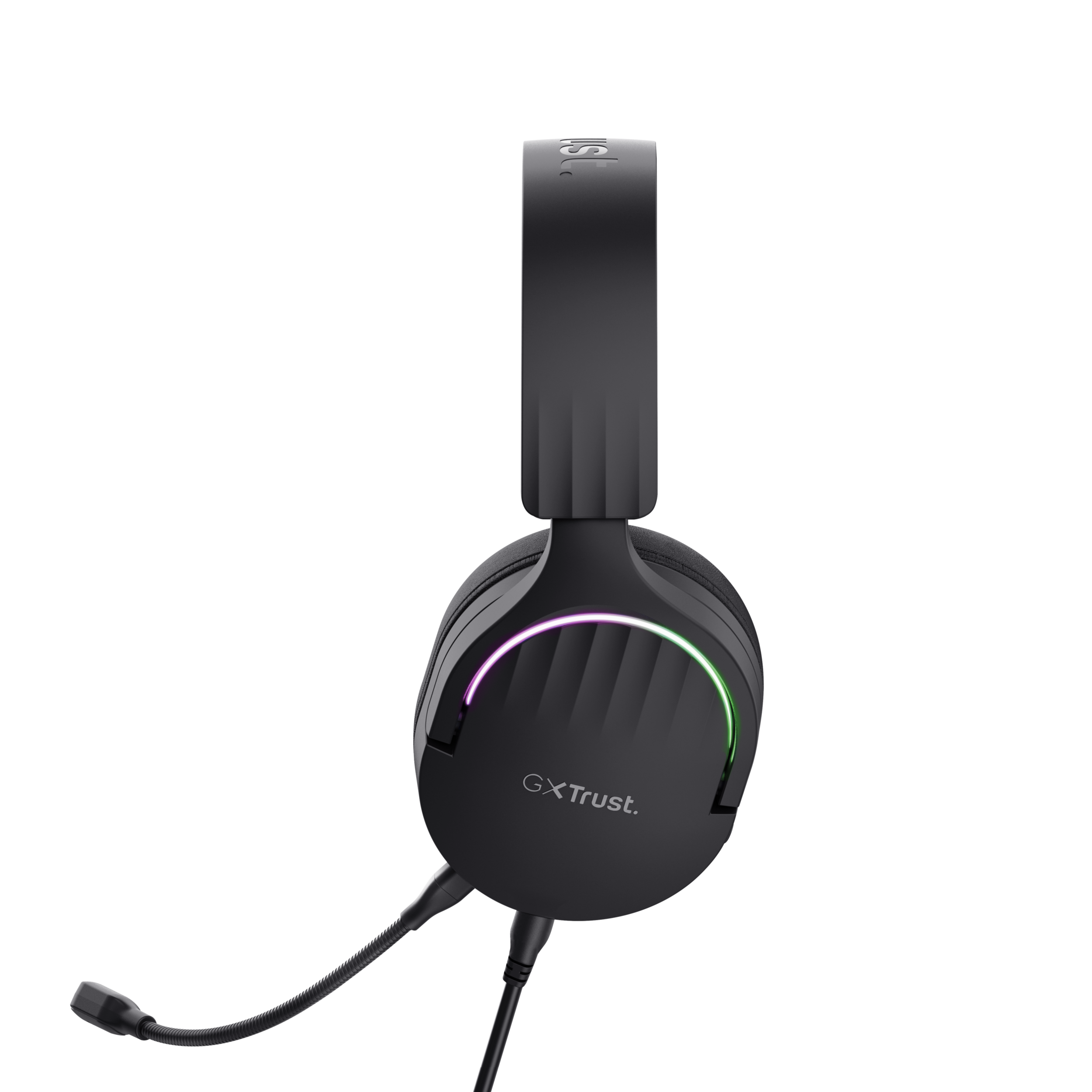 Black gaming headset with microphone. Headset has illuminated ear cups with green and pink lights.