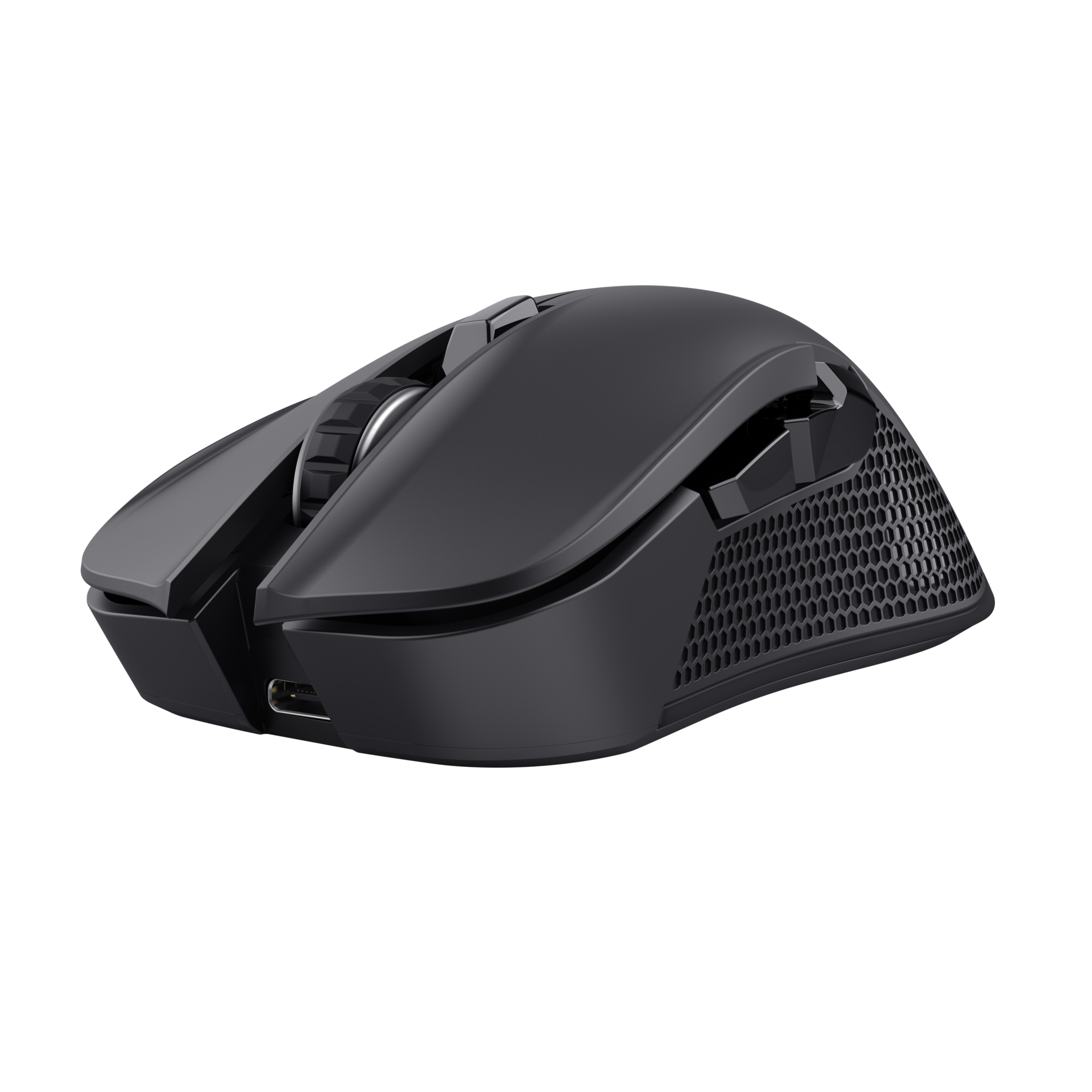 Une souris de jeu noire avec des poignées latérales en nid d'abeille. Elle possède un port USB-C et une molette. Fond noir.