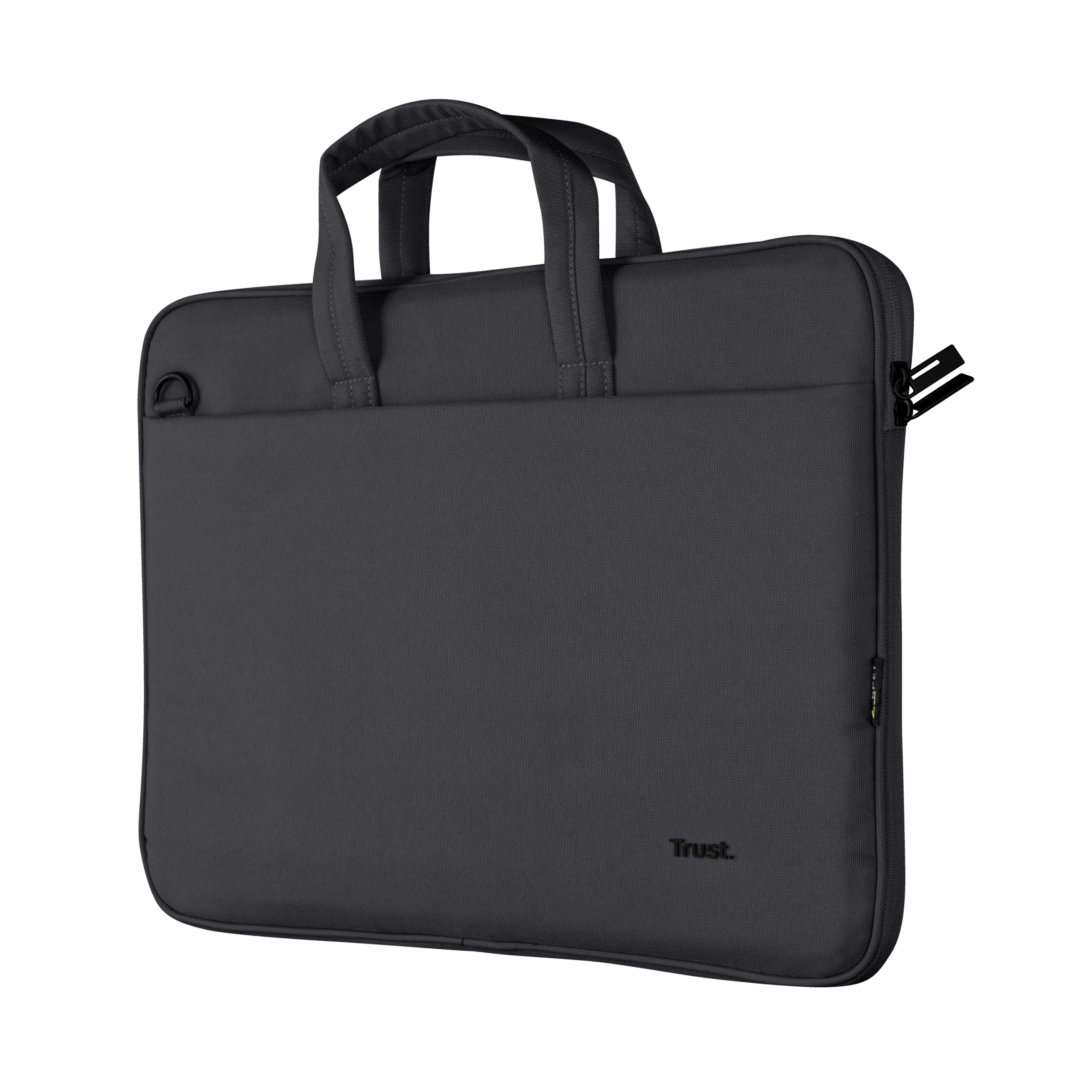 Dark gray laptop bag with handle and a small pocket. Black background.