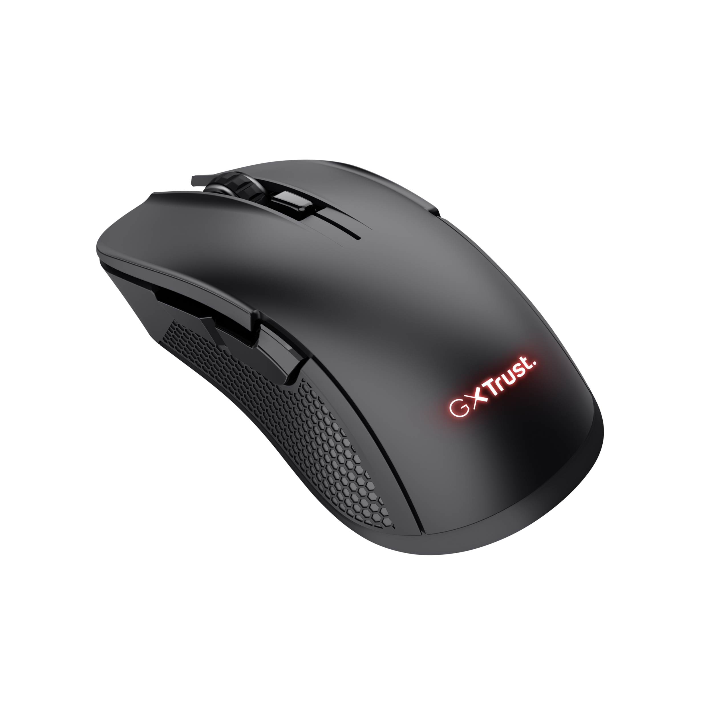 Souris d'ordinateur noire avec une lumière rouge et un côté texturé, fond noir.