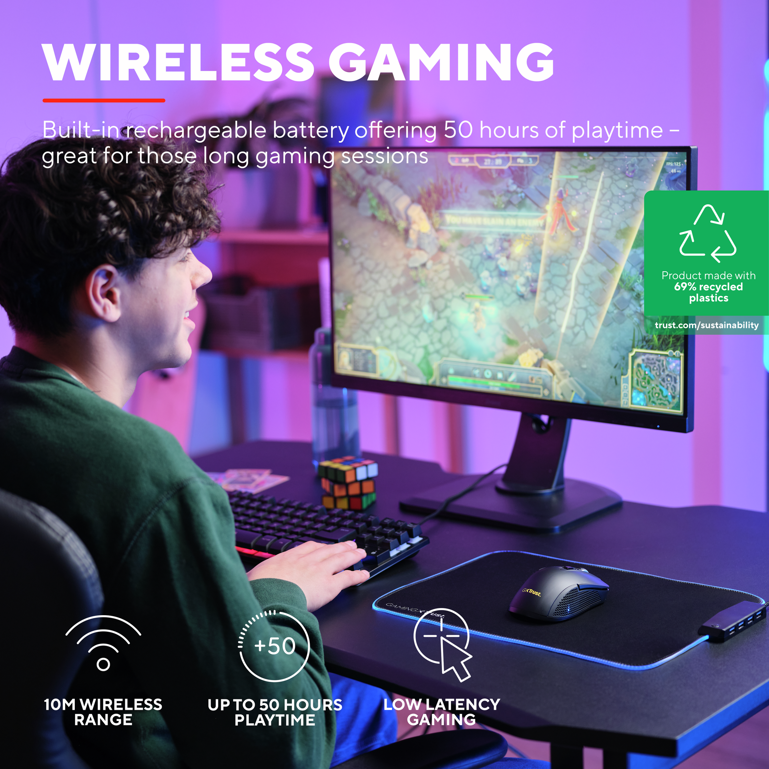 Homme jouant avec moniteur, clavier, souris. Texte : Jeu sans fil, jusqu'à 50 heures, faible latence.