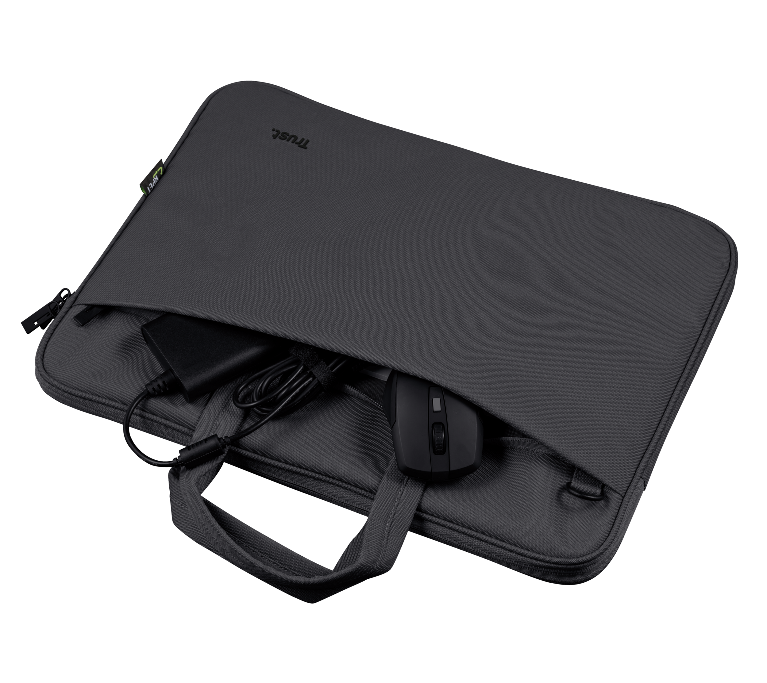 A dark gray laptop bag, open, showing a charger, a cable, and a mouse.