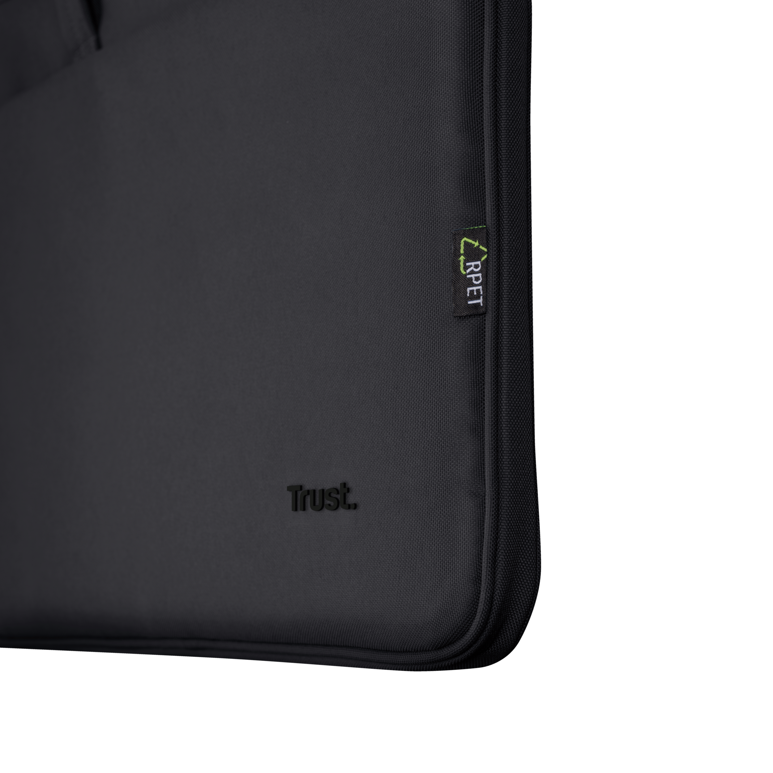 Black laptop sleeve with the Trust logo, made of dark material with a textured feel.
