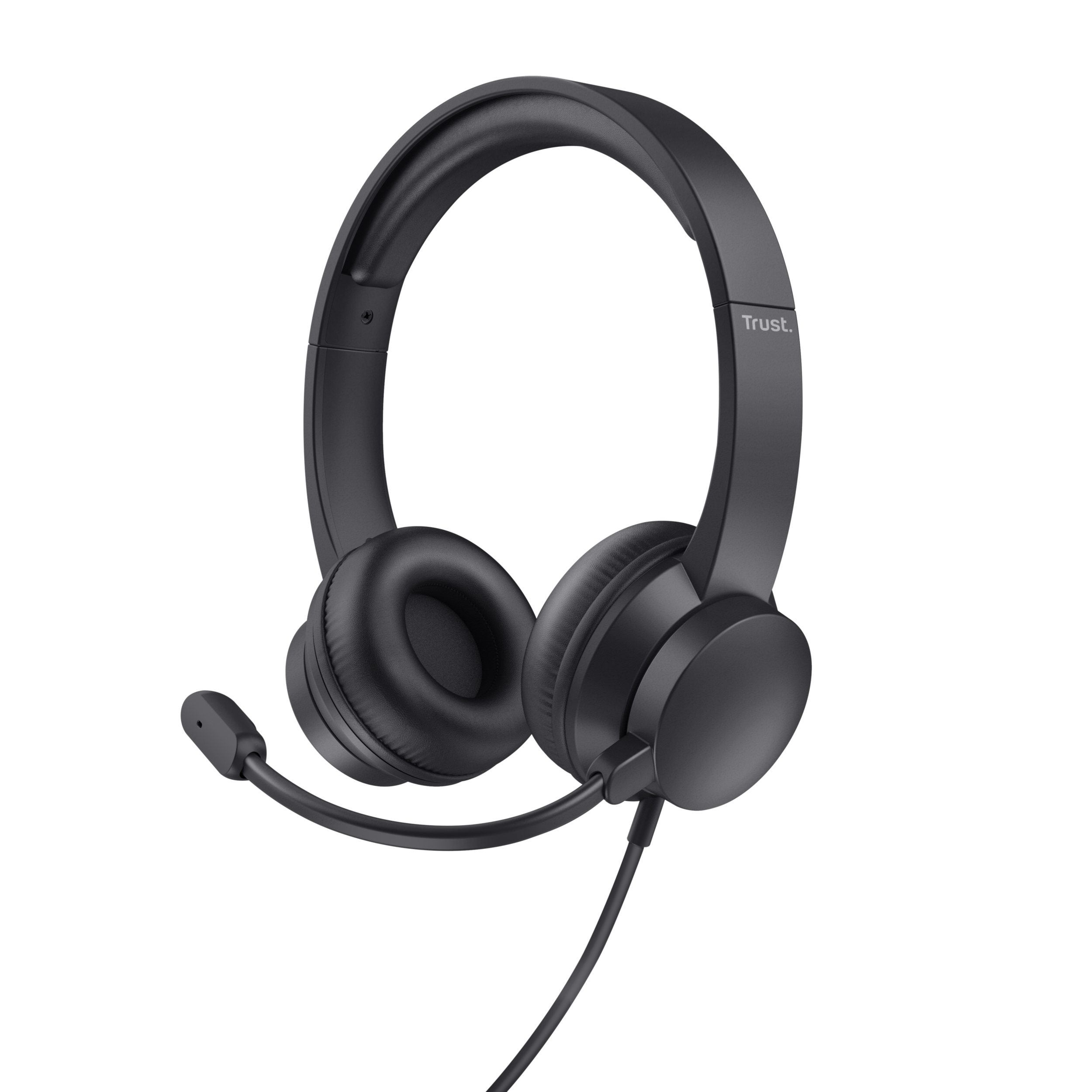 Czarne słuchawki z mikrofonem, czarne tło.