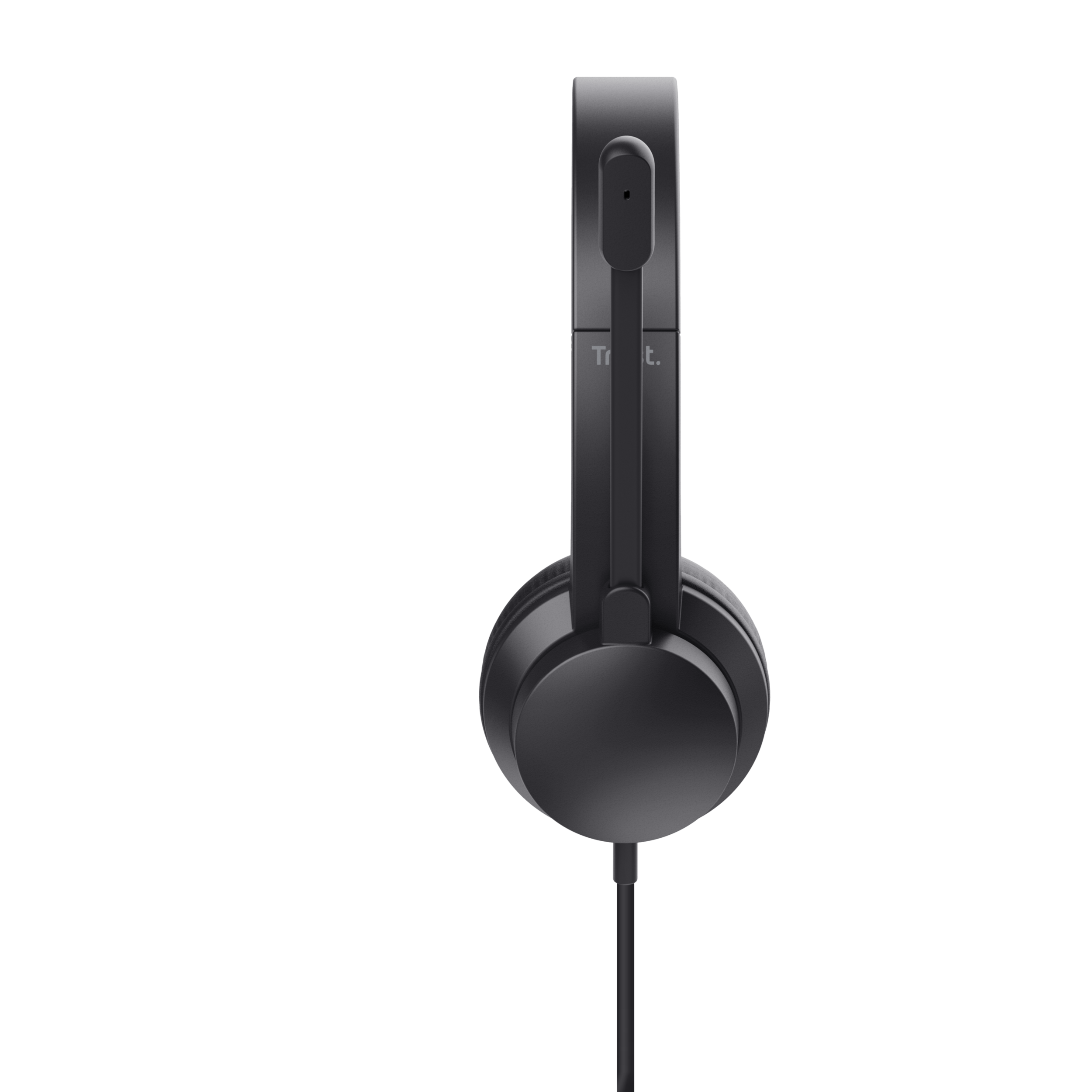 Czarne słuchawki z mikrofonem. Prosty design na czarnym tle.