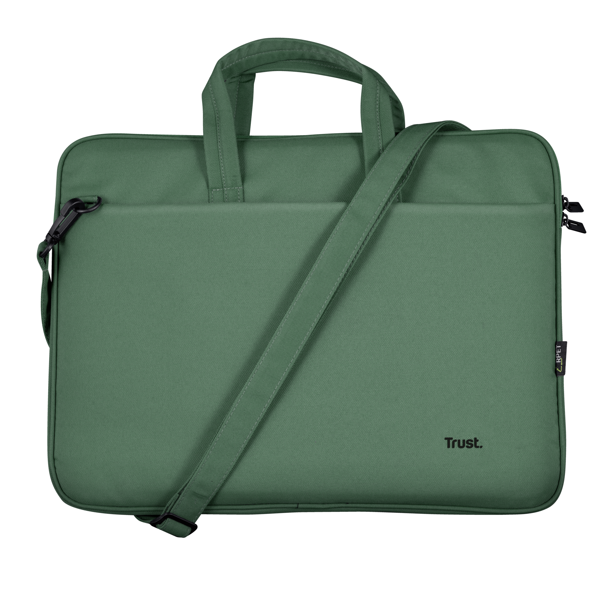Zielona torba na laptopa z paskiem na ramię. Posiada górny uchwyt i widoczną markę Trust.