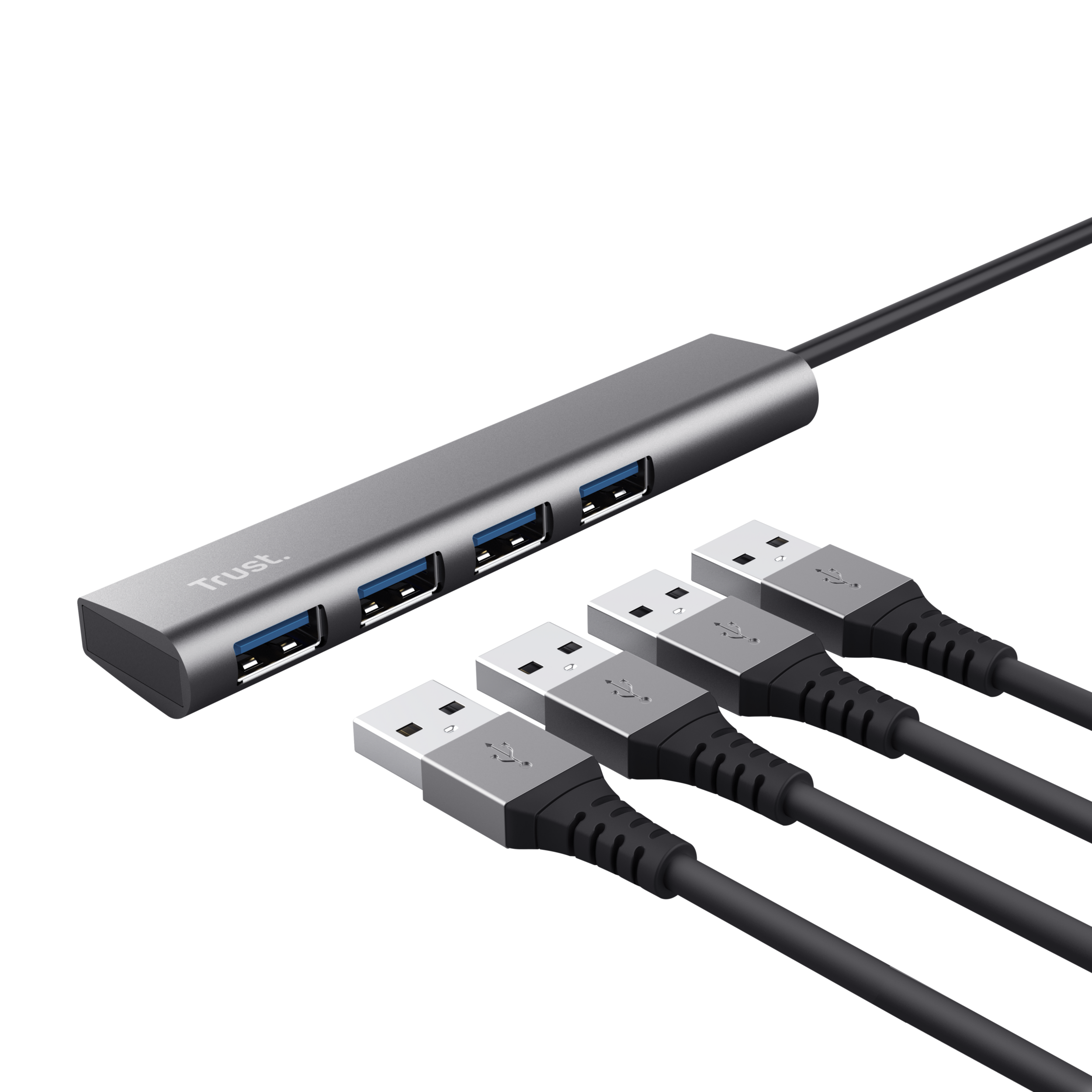 Zilveren USB-hub met 4 USB-poorten verbonden met 4 zwarte USB-kabels.