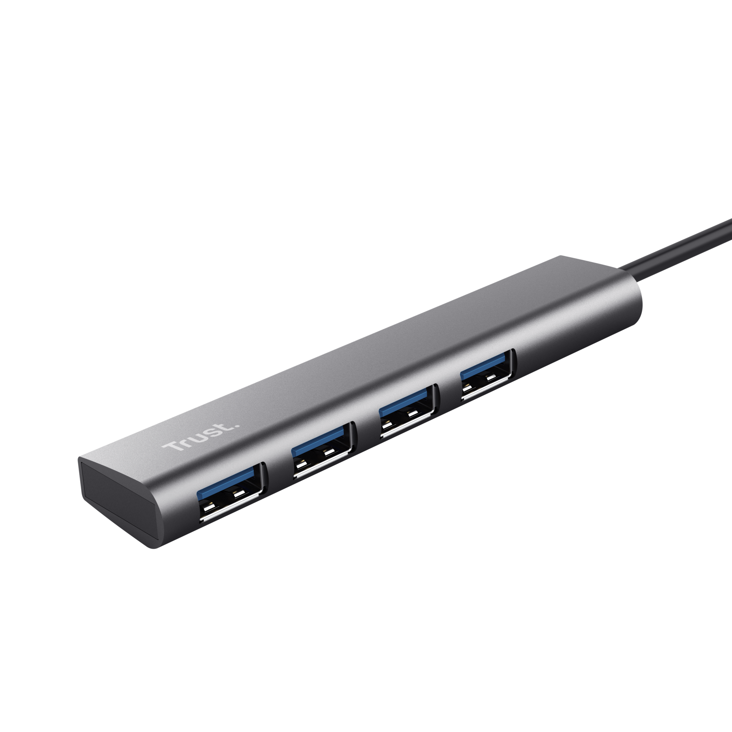 Een zilveren USB-hub met vier USB-poorten. De merknaam 'Trust' staat op de hub.