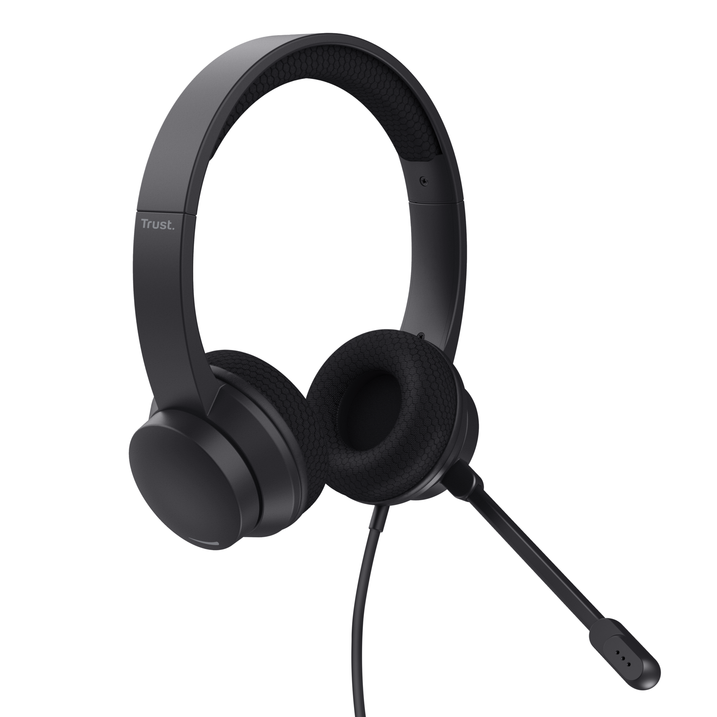 Czarny zestaw słuchawkowy z logo Trust. Posiada mikrofon i jest na czarnym tle.