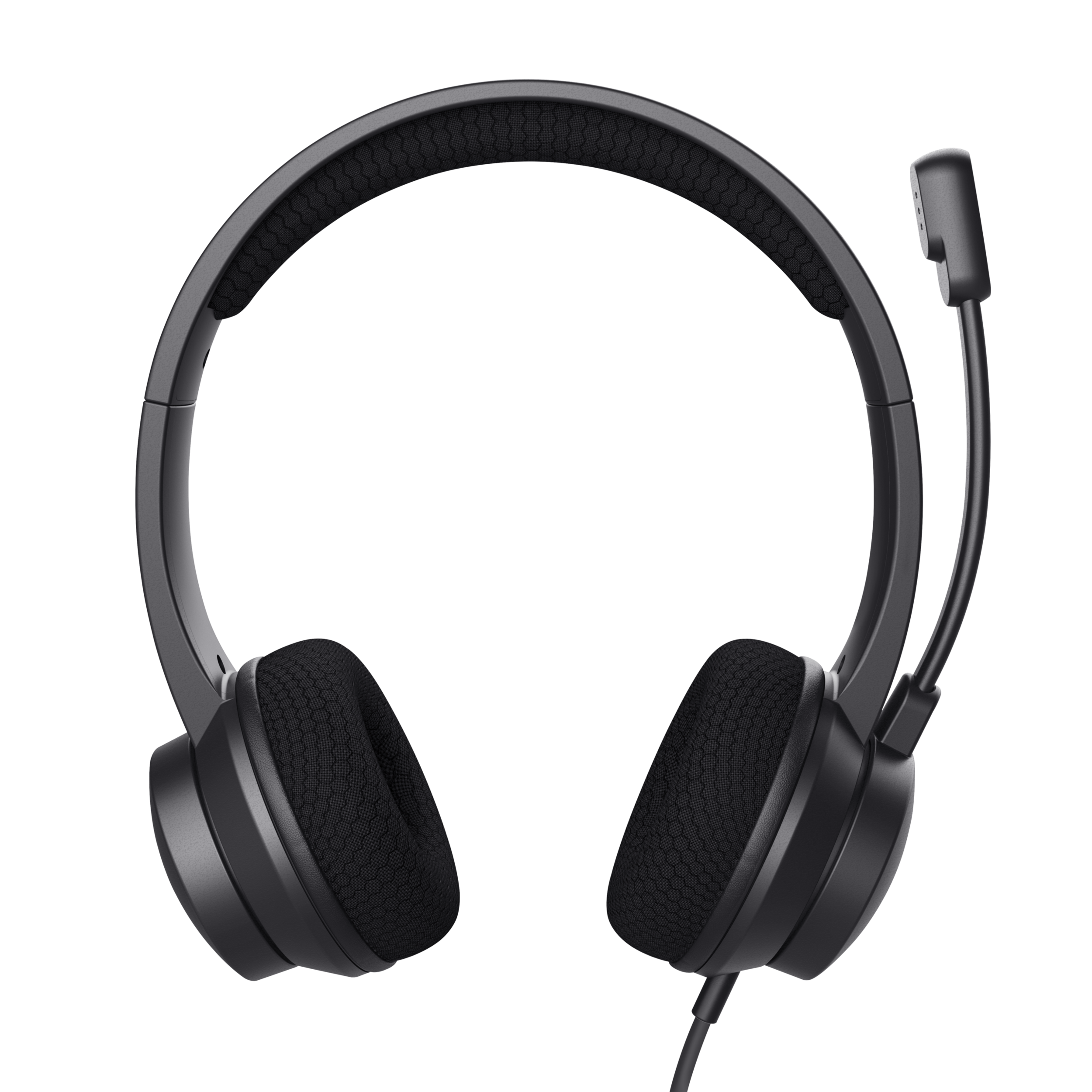 Czarny zestaw słuchawkowy z mikrofonem na czarnym tle.