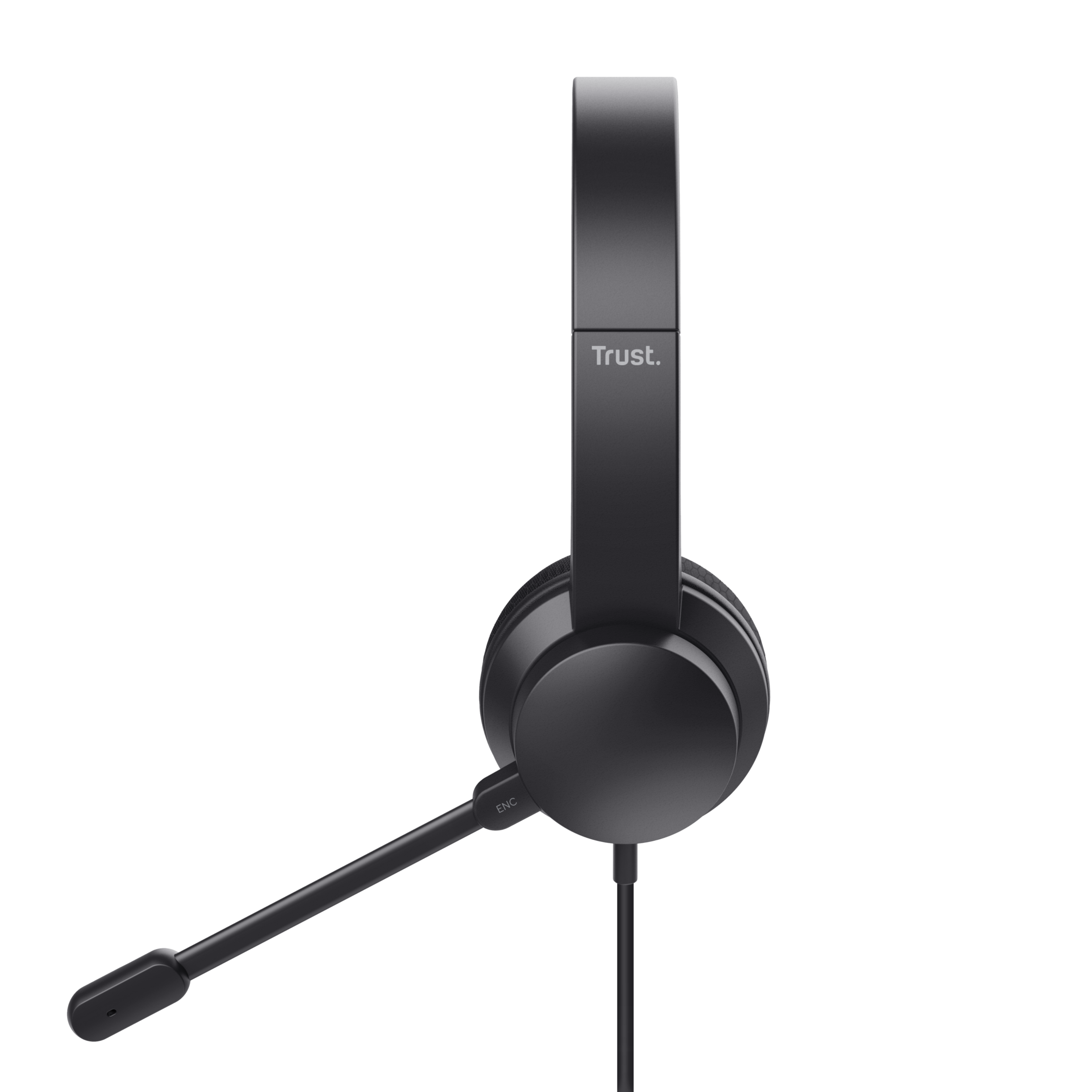 Czarny zestaw słuchawkowy z mikrofonem i czarnym przewodem na czarnym tle.