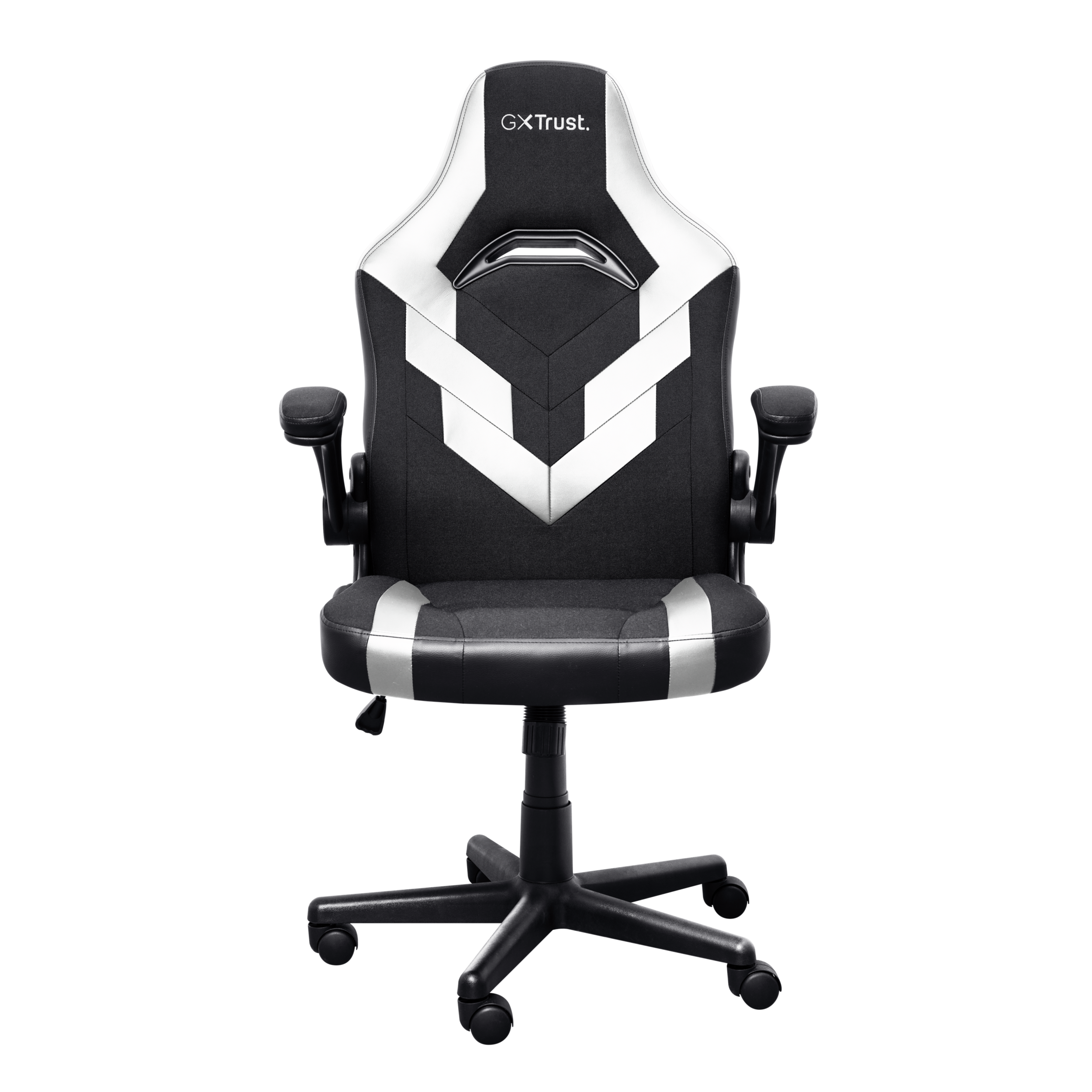 Schwarz-weißer Gaming-Stuhl. Er hat ein schwarzes Gestell und Armlehnen, mit weißem Chevron-Design.