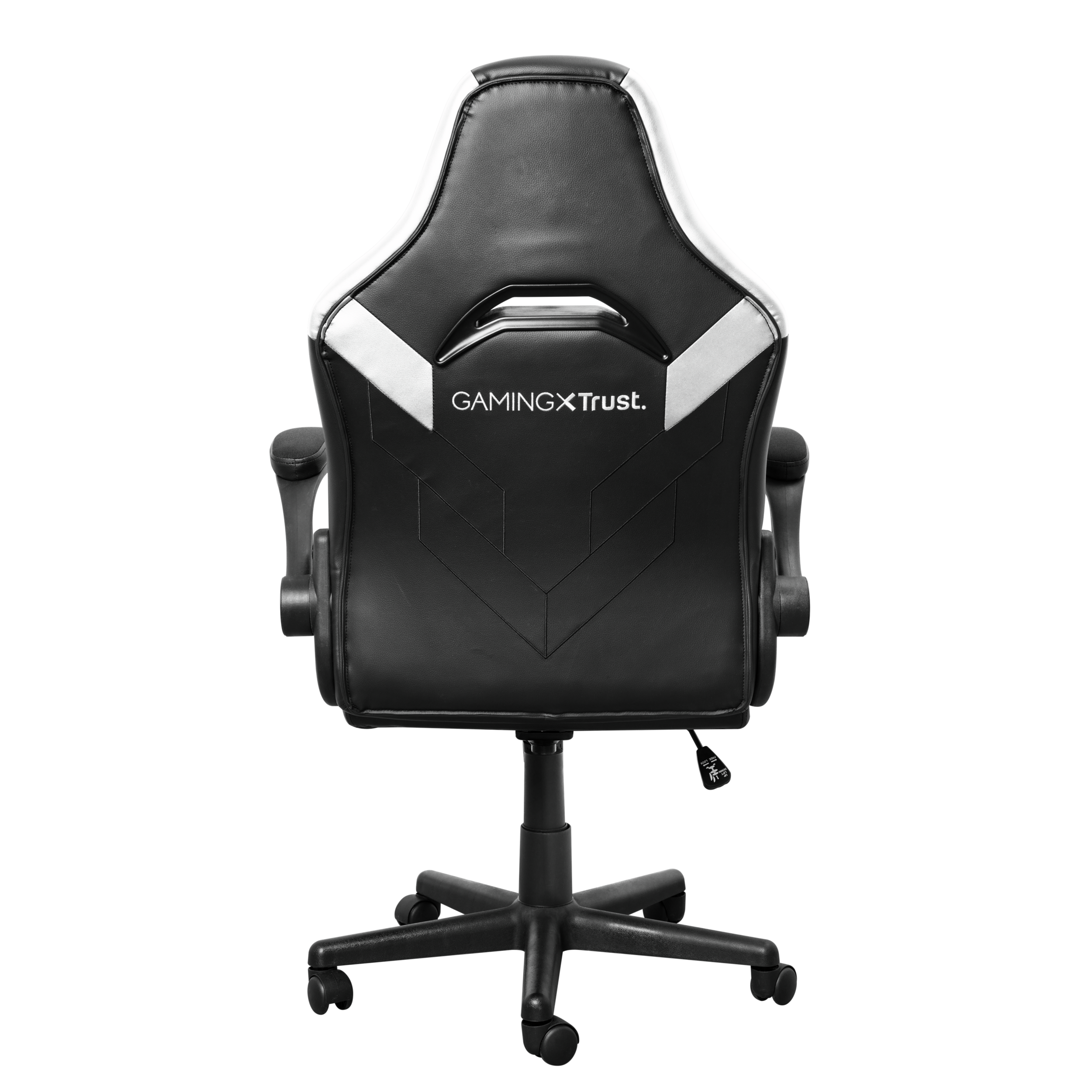 Rückansicht eines schwarzen Gaming-Stuhls mit weißen Akzenten und dem Logo 'GAMINGXTrust'.
