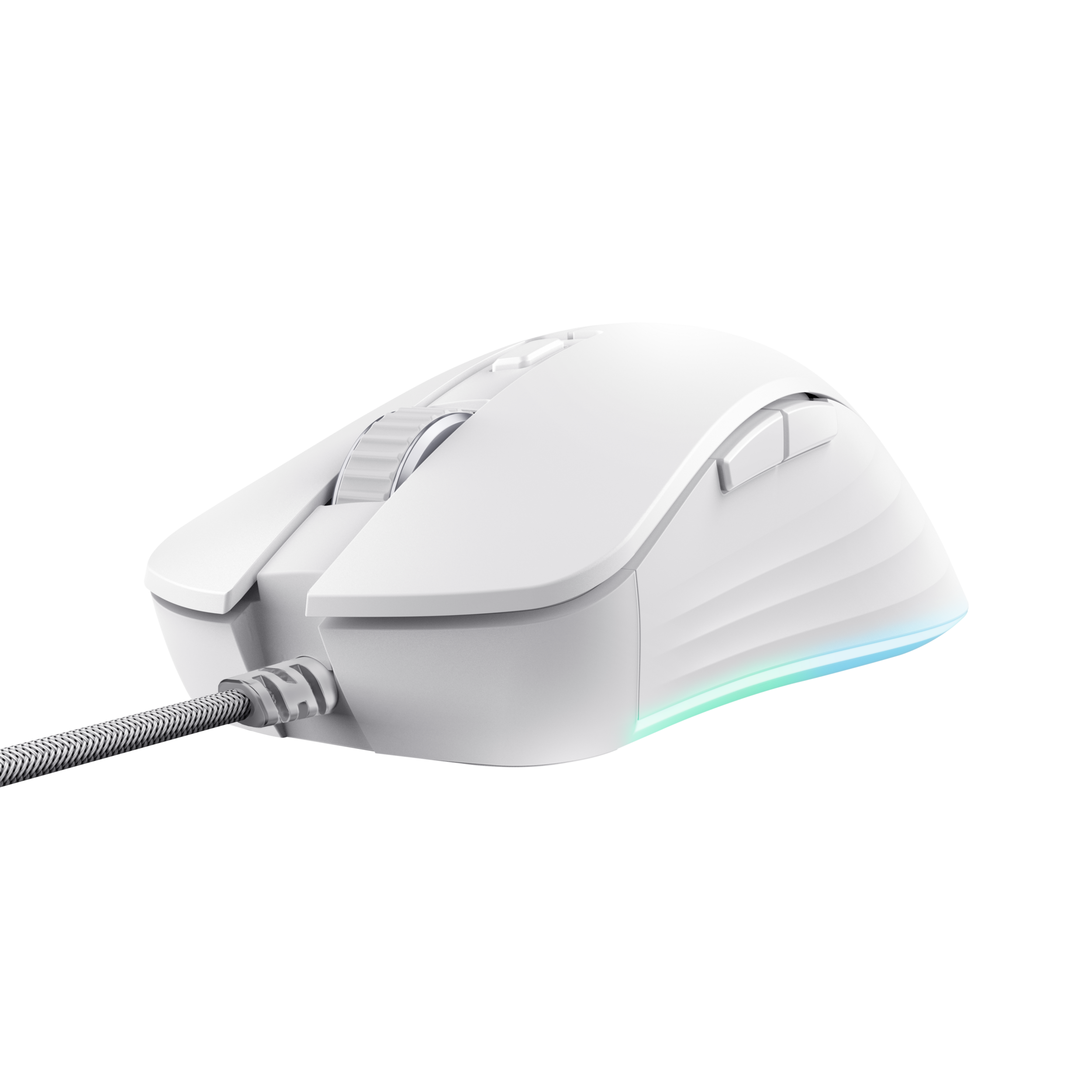 Weiße Gaming-Maus mit Scrollrad, Tasten und schwarzem Kabel.