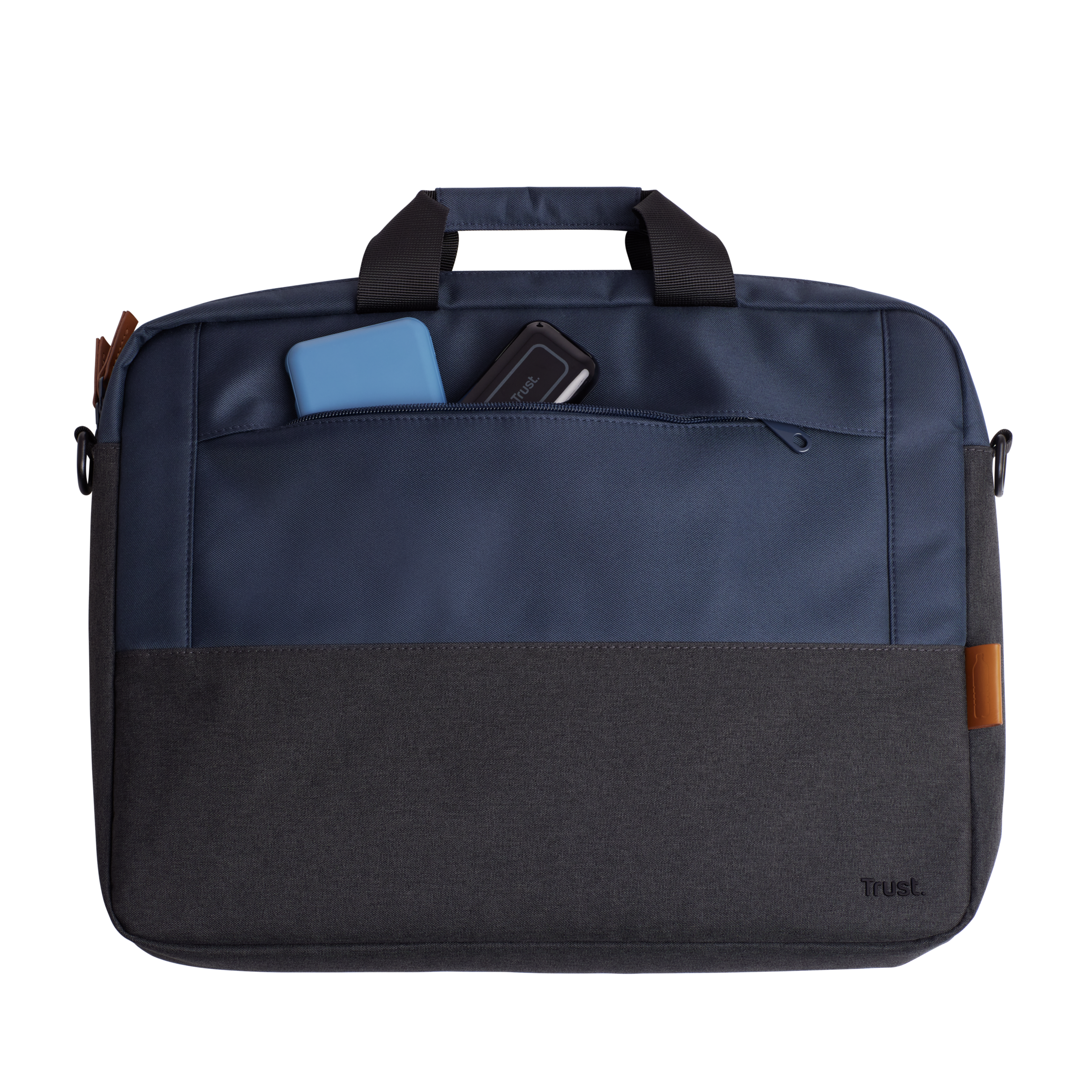 Una borsa per laptop blu e grigia con manico. Ha una tasca con telefono e chiave.
